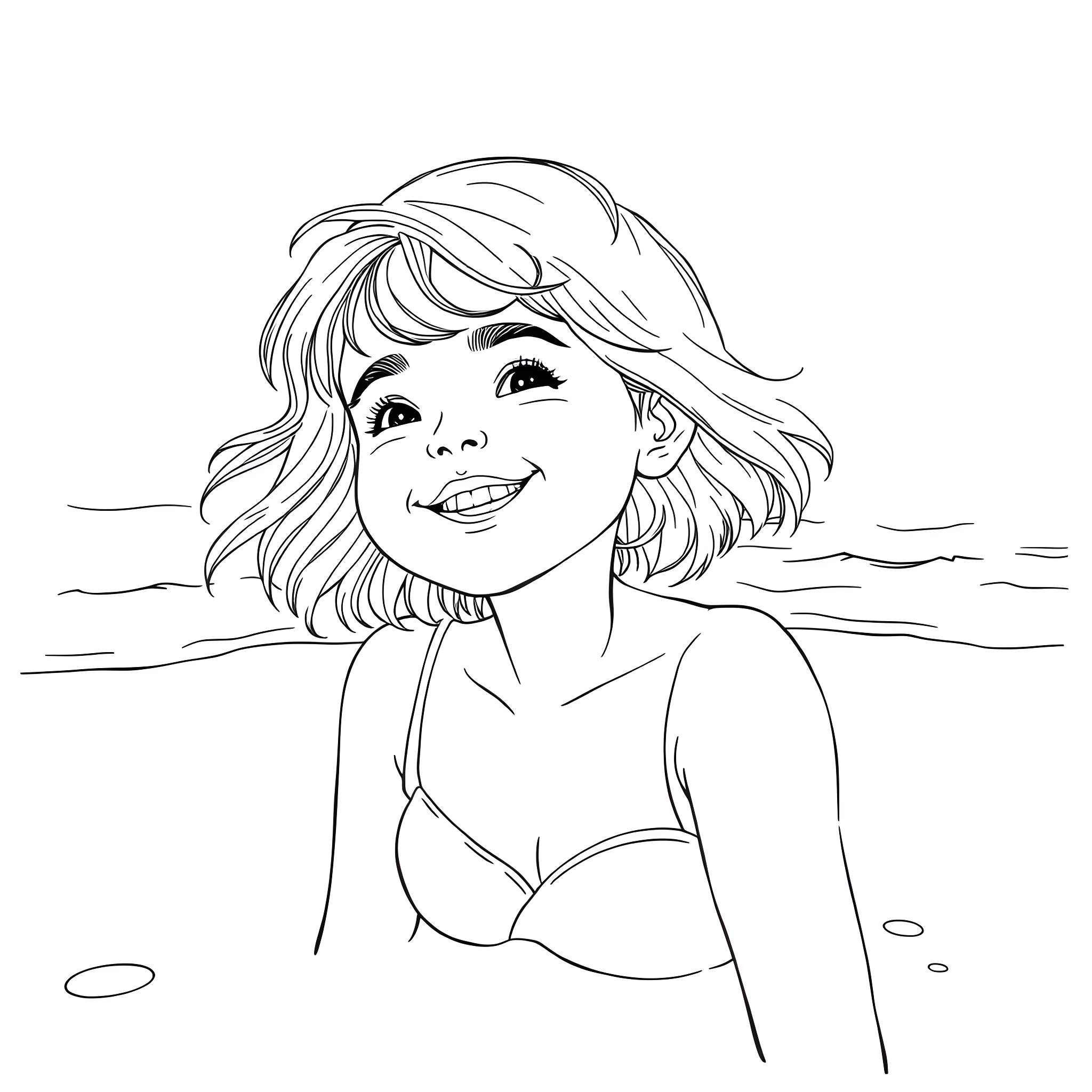 Girl Enjoying a Day at the Beach Coloring Page (free black-and-white line drawing printable PDF for all, from beginners to advanced learners, including children, teens, adults, and seniors)