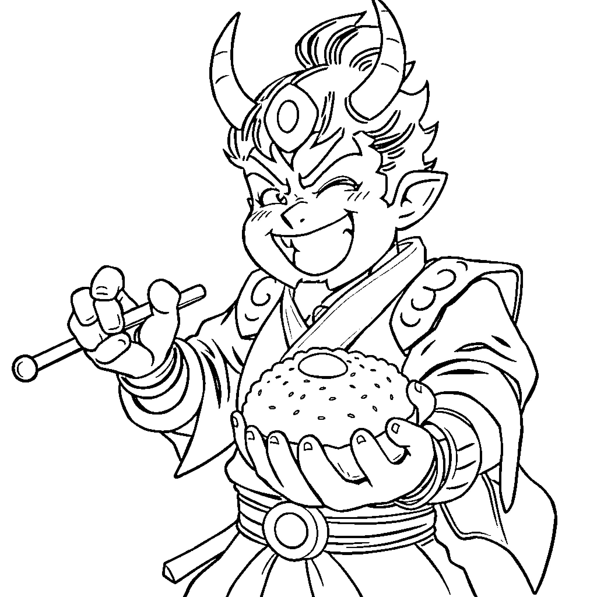 Tanjiro holding food with a mischievous expression Coloring Page (free black-and-white line drawing printable PDF for all, from beginners to advanced learners, including children, teens, adults, and seniors)
