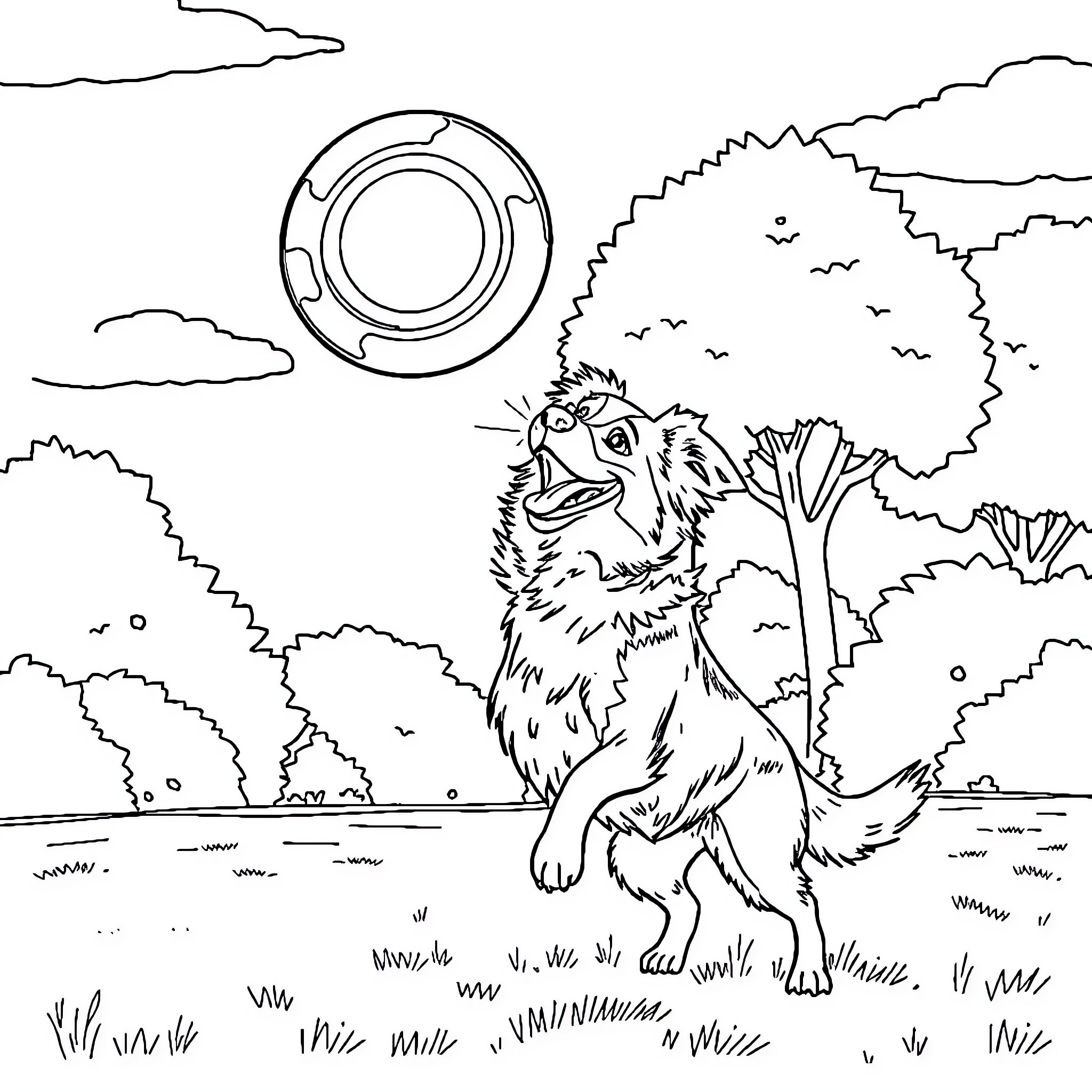 Australian Shepherd playing with a frisbee in a nature setting Coloring Page (free black-and-white line drawing printable PDF for all, from beginners to advanced learners, including children, teens, adults, and seniors)