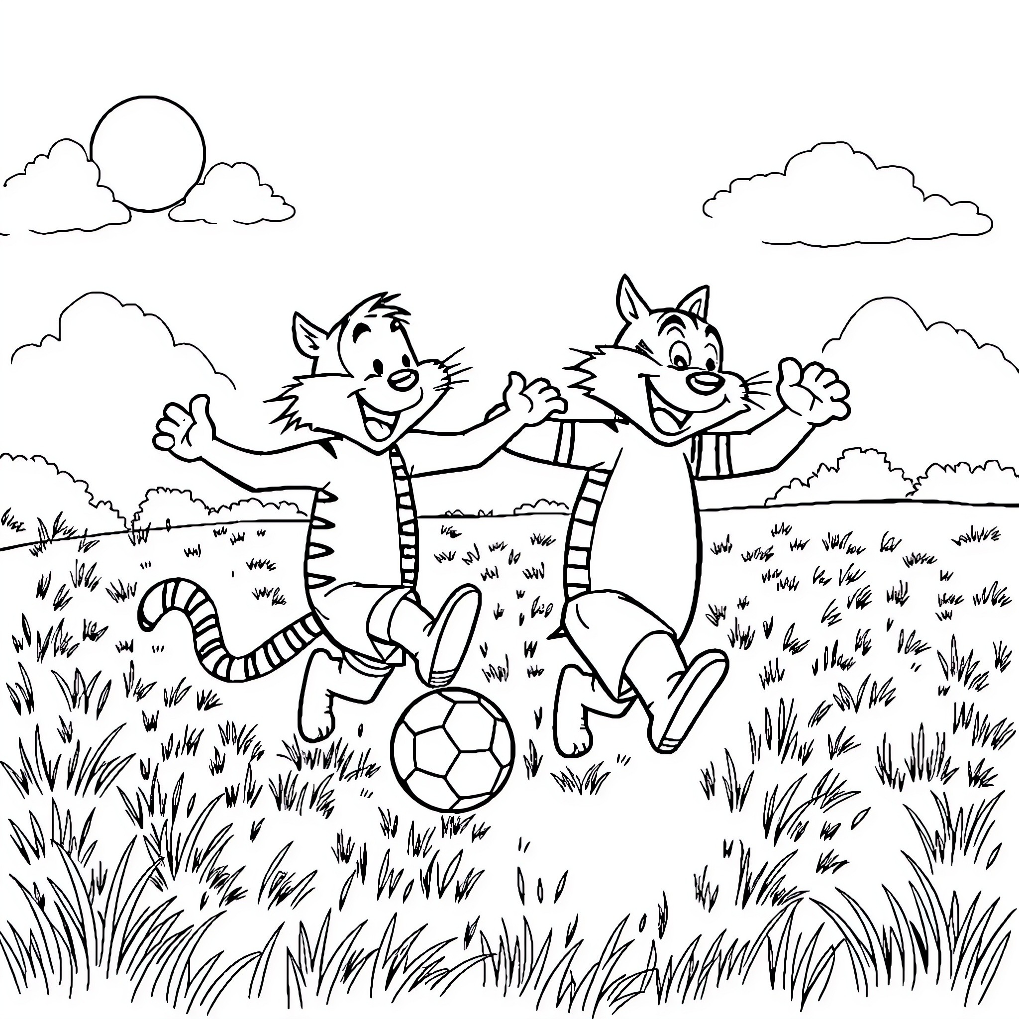 Calvin and Hobbes playing with a soccer ball in the park Coloring Page (free black-and-white line drawing printable PDF for all, from beginners to advanced learners, including children, teens, adults, and seniors)