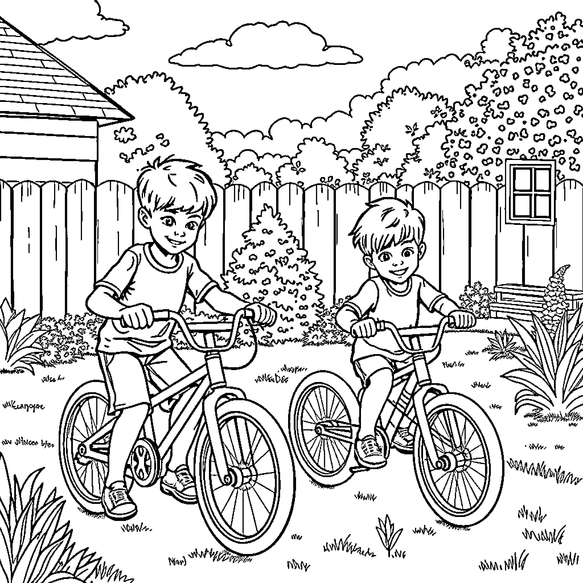 Twin boys biking joyfully in a backyard Coloring Page (free black-and-white line drawing printable PDF for all, from beginners to advanced learners, including children, teens, adults, and seniors)