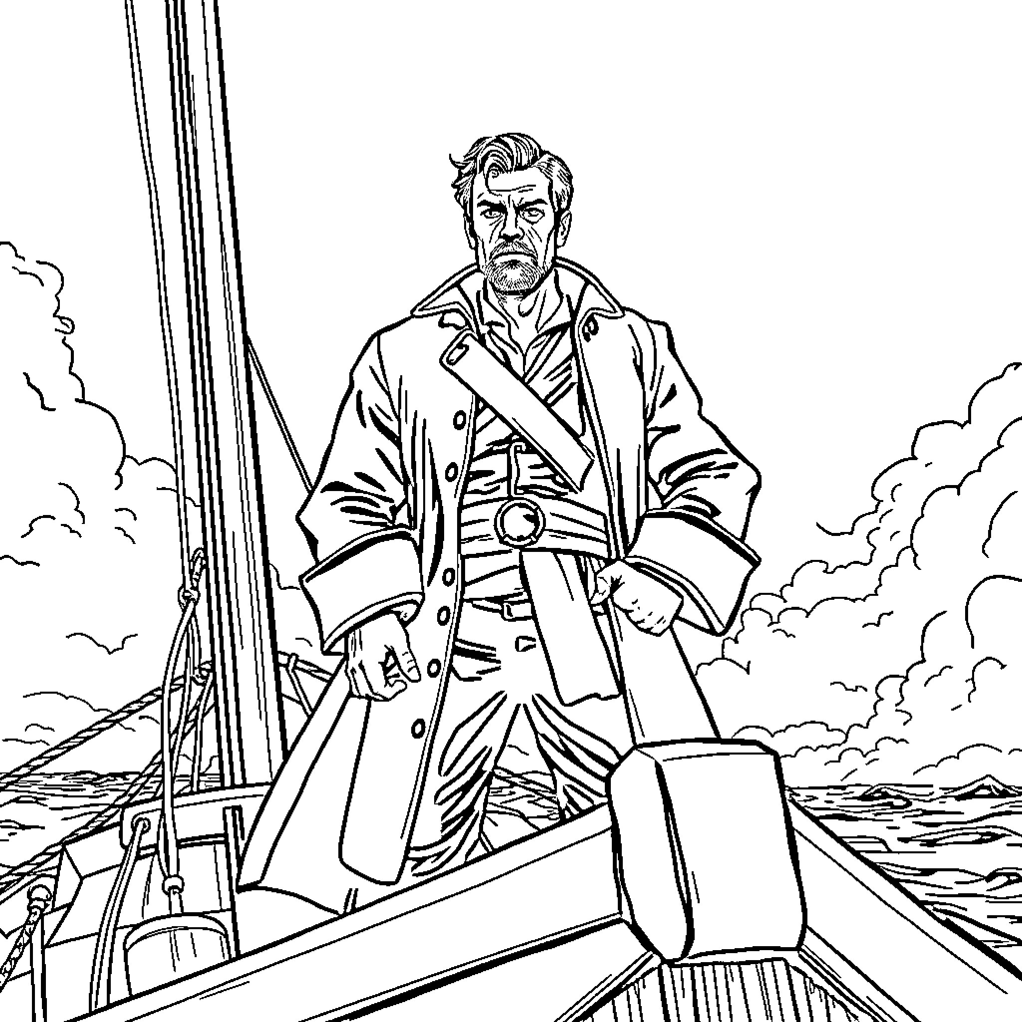 Ship Captain in Weathered Coat Stands on Deck Coloring Page (free black-and-white line drawing printable PDF for all, from beginners to advanced learners, including children, teens, adults, and seniors)