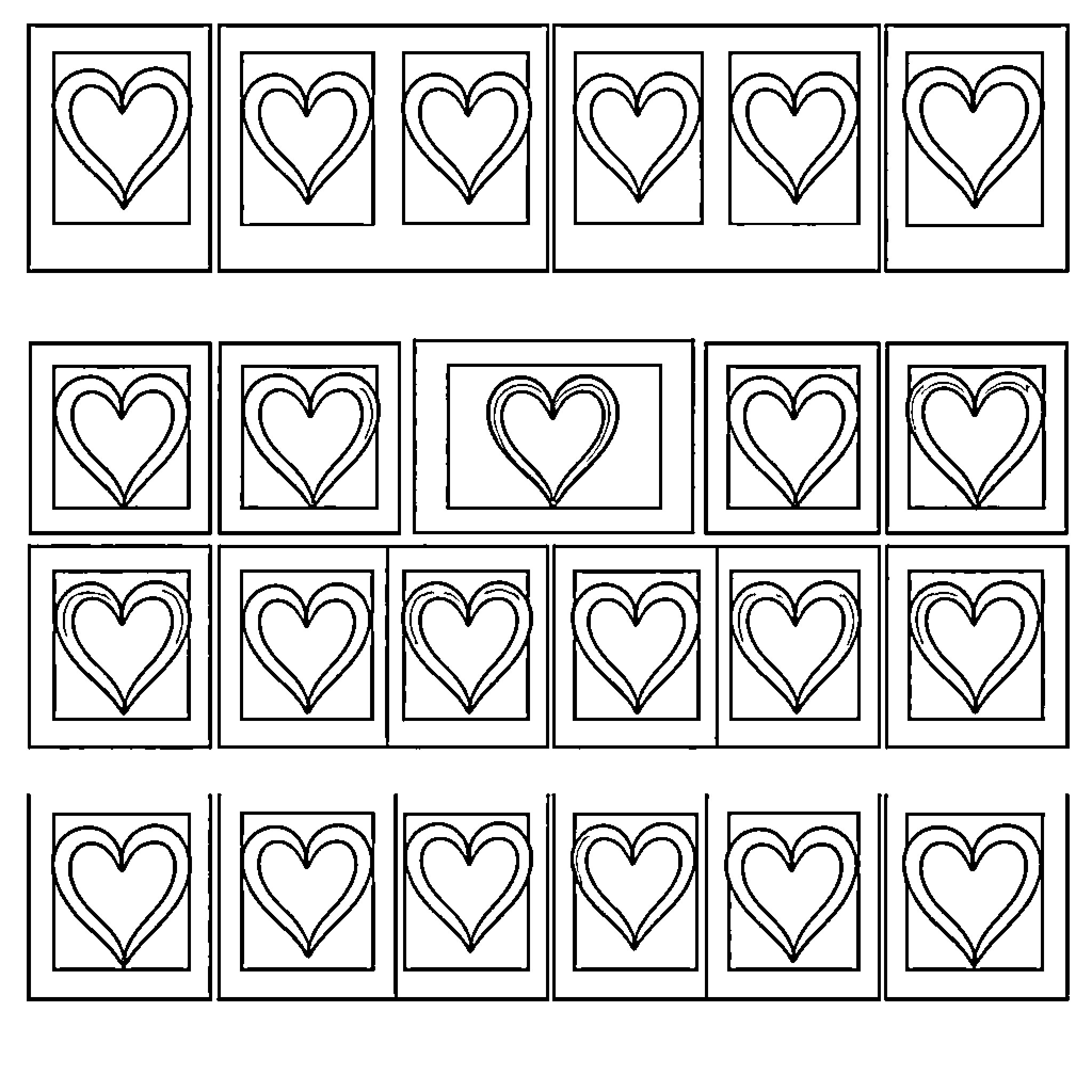 Heart-shaped frames with various arrangements Coloring Page (free black-and-white line drawing printable PDF for all, from beginners to advanced learners, including children, teens, adults, and seniors)