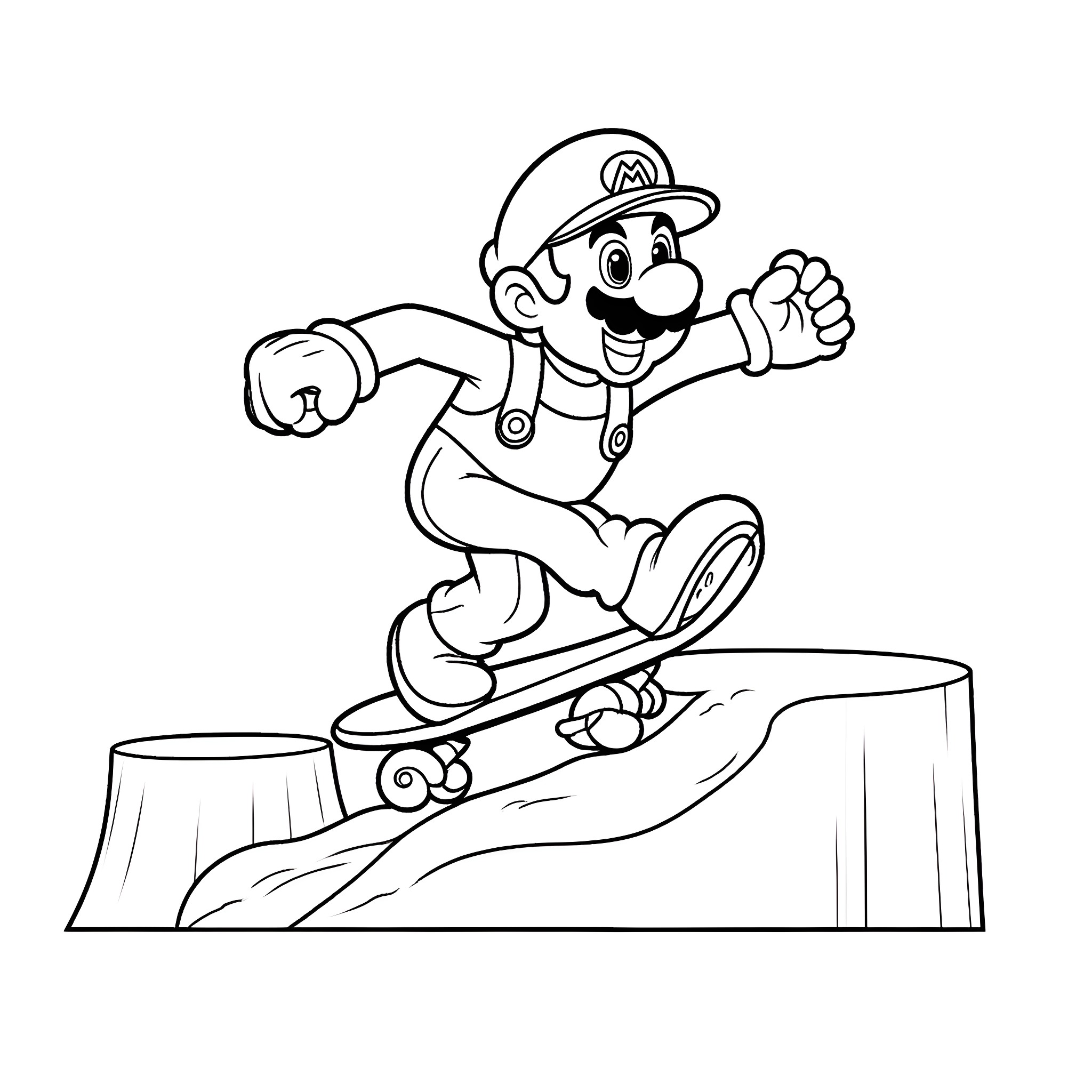 Super Mario Skateboarding Happily Through the Forest Coloring Page (free black-and-white line drawing printable PDF for all, from beginners to advanced learners, including children, teens, adults, and seniors)