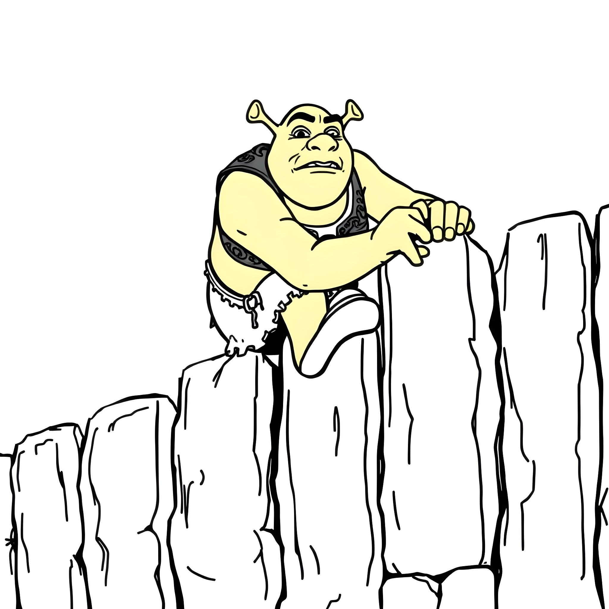 Shrek standing triumphantly on a rocky cliff Coloring Page (free black-and-white line drawing printable PDF for all, from beginners to advanced learners, including children, teens, adults, and seniors)