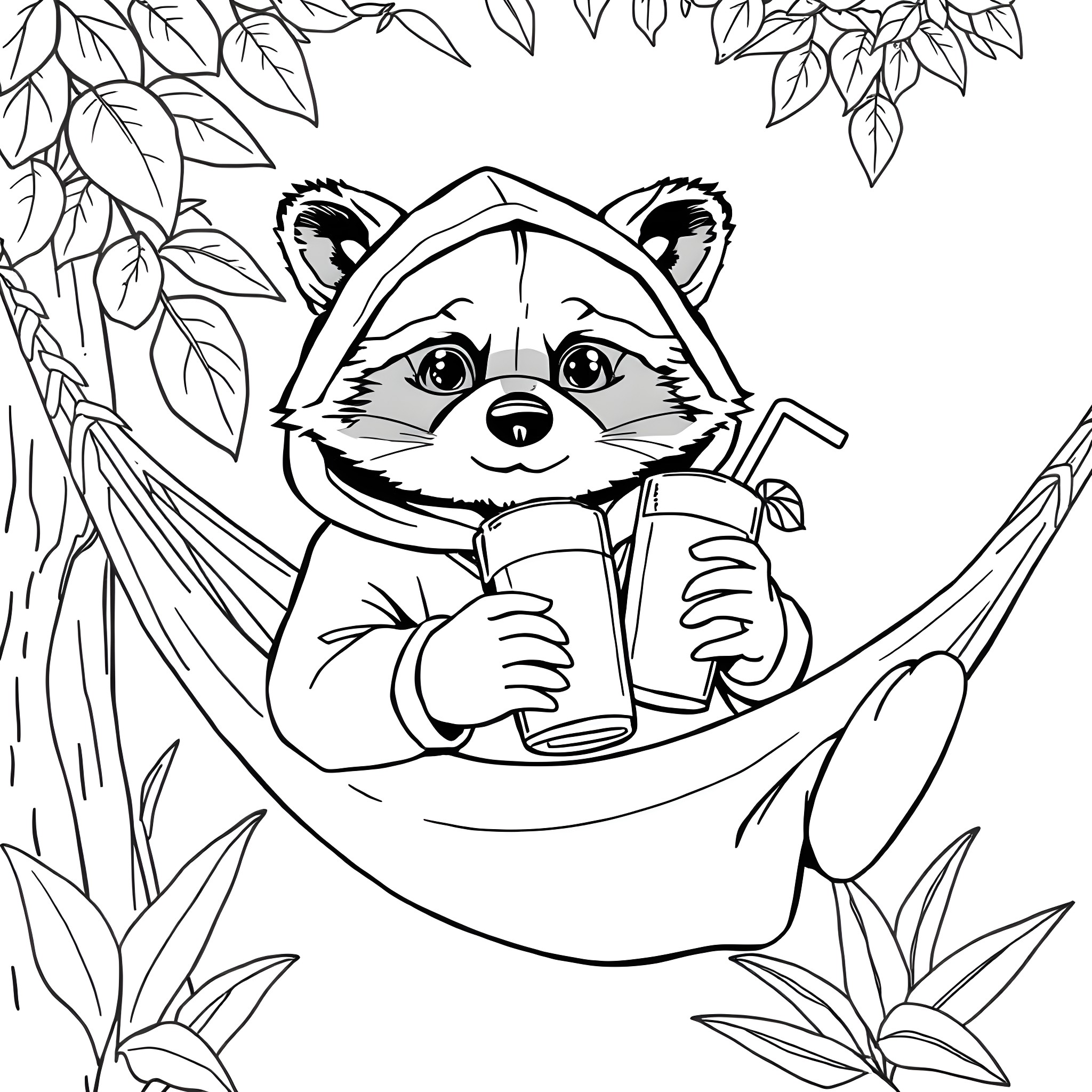 Raccoon relaxing and enjoying a cool drink in the forest Coloring Page (free black-and-white line drawing printable PDF for all, from beginners to advanced learners, including children, teens, adults, and seniors)