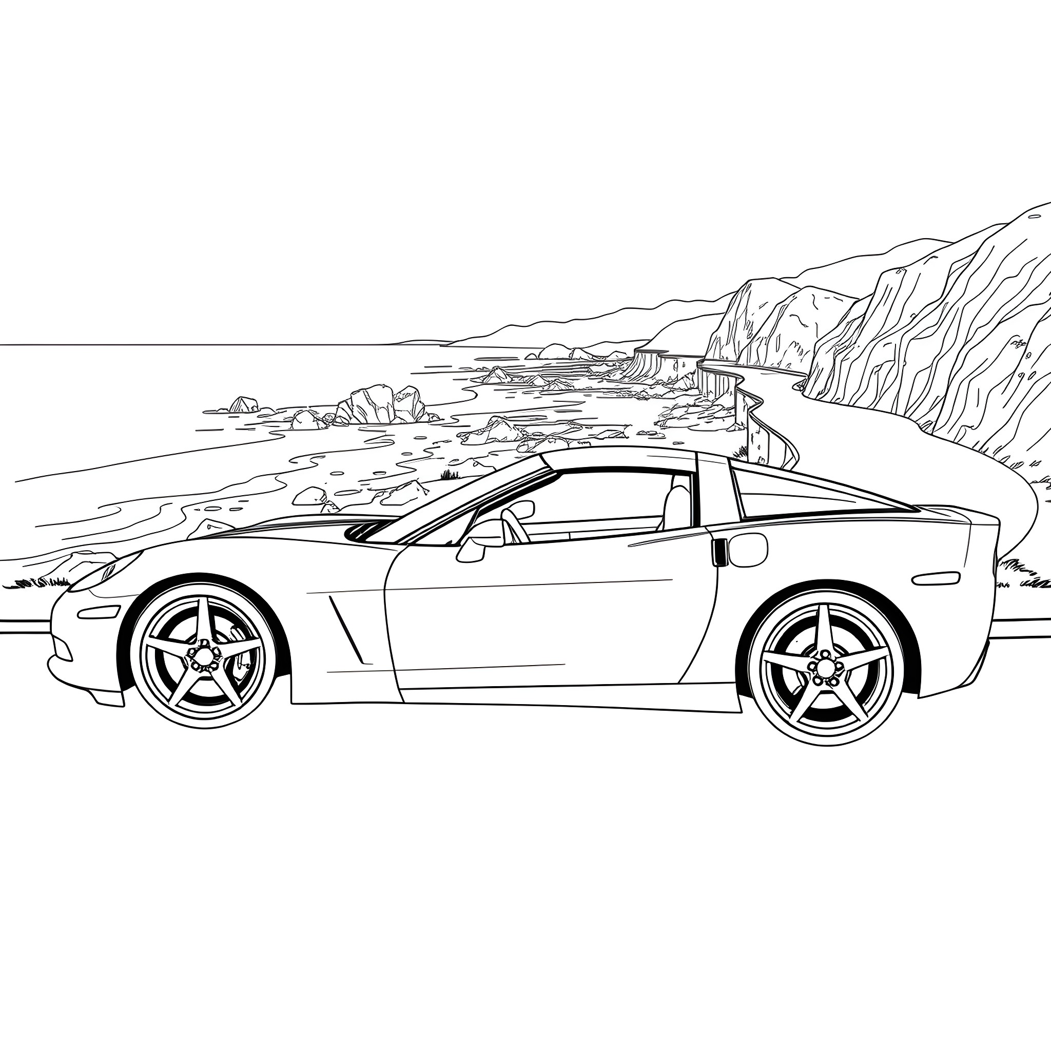 Corvette speeding along a coastal road Coloring Page (free black-and-white line drawing printable PDF for all, from beginners to advanced learners, including children, teens, adults, and seniors)