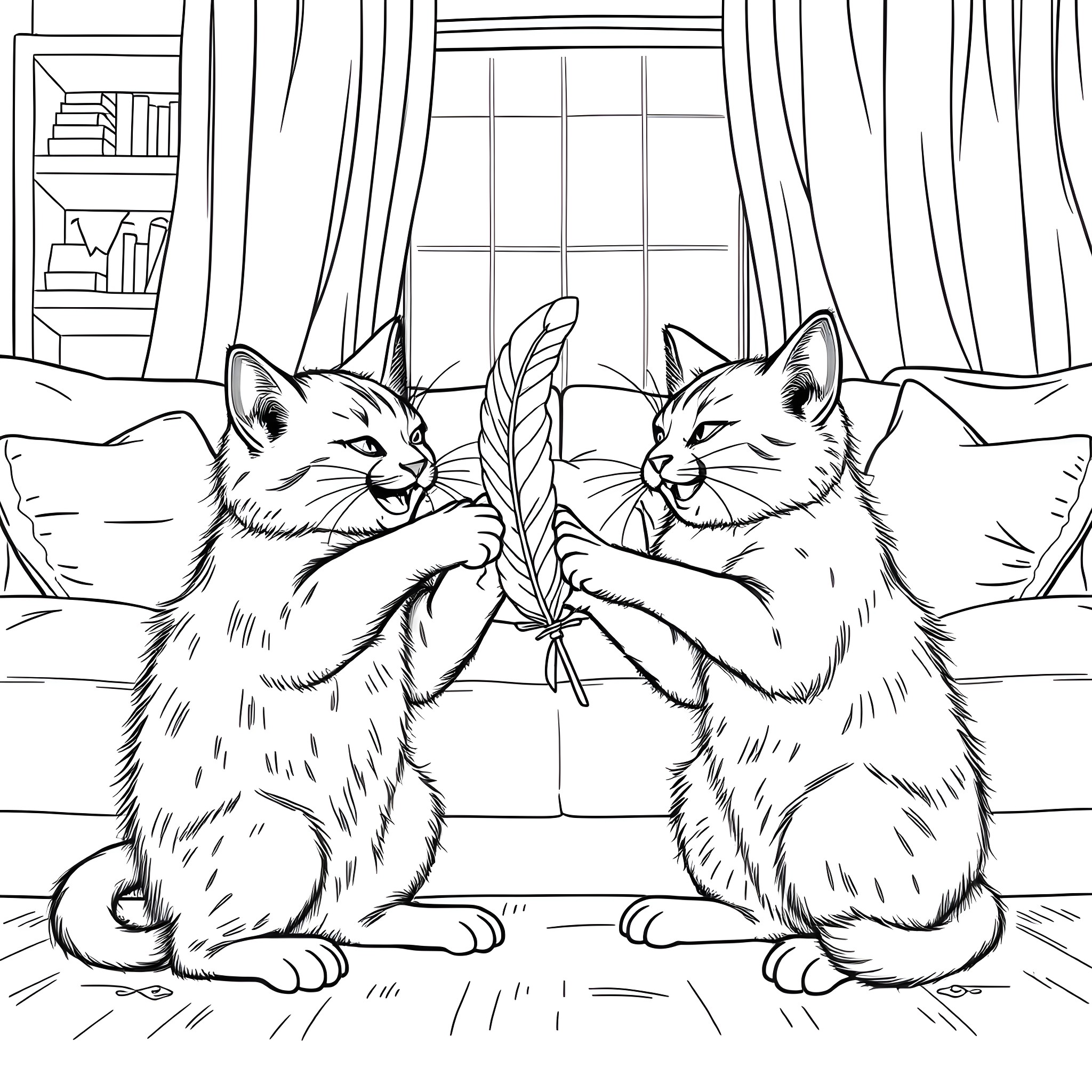 Nons cats playing with feather in cozy room Coloring Page (free black-and-white line drawing printable PDF for all, from beginners to advanced learners, including children, teens, adults, and seniors)