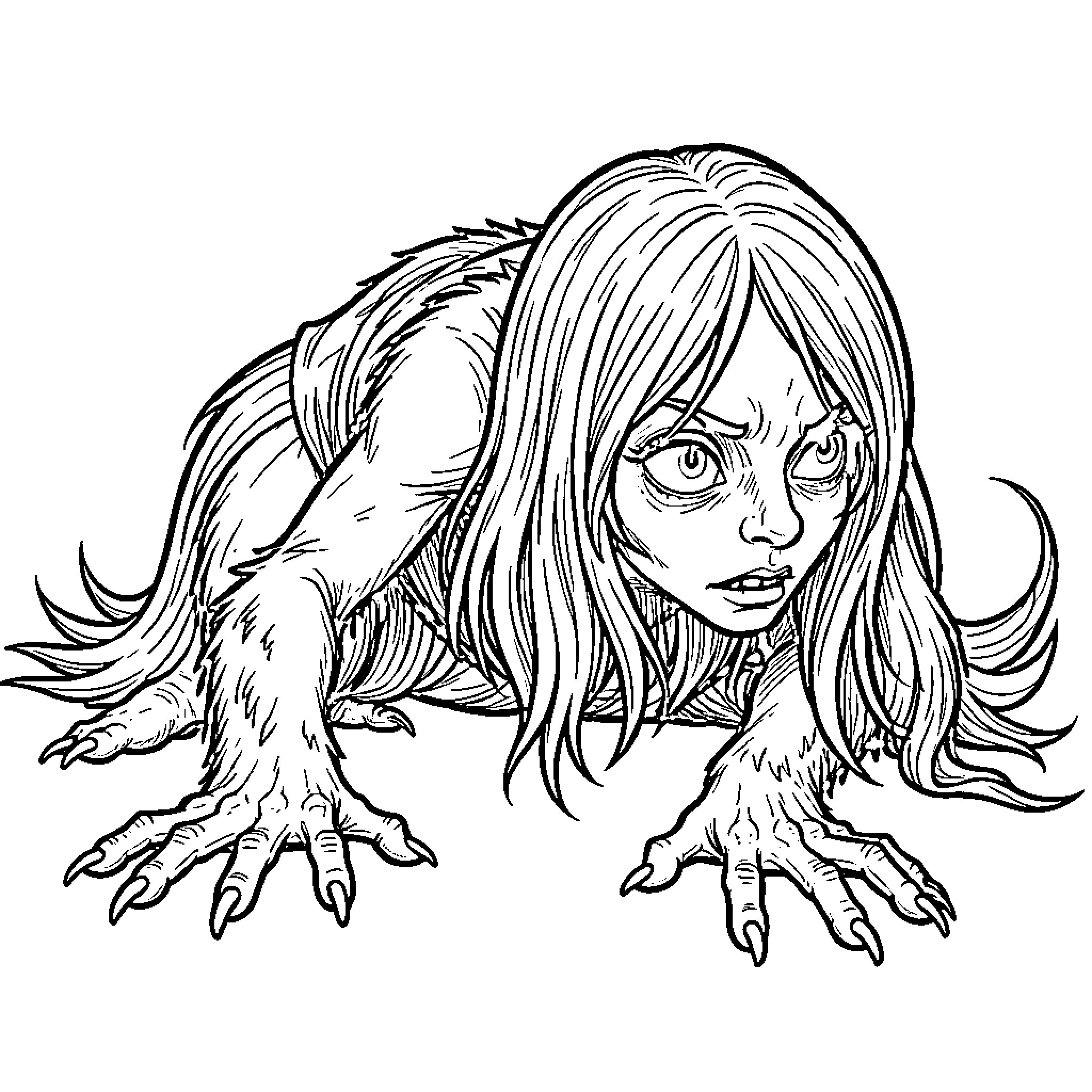 Thing crawling with frightening facial expressions Coloring Page (free black-and-white line drawing printable PDF for all, from beginners to advanced learners, including children, teens, adults, and seniors)
