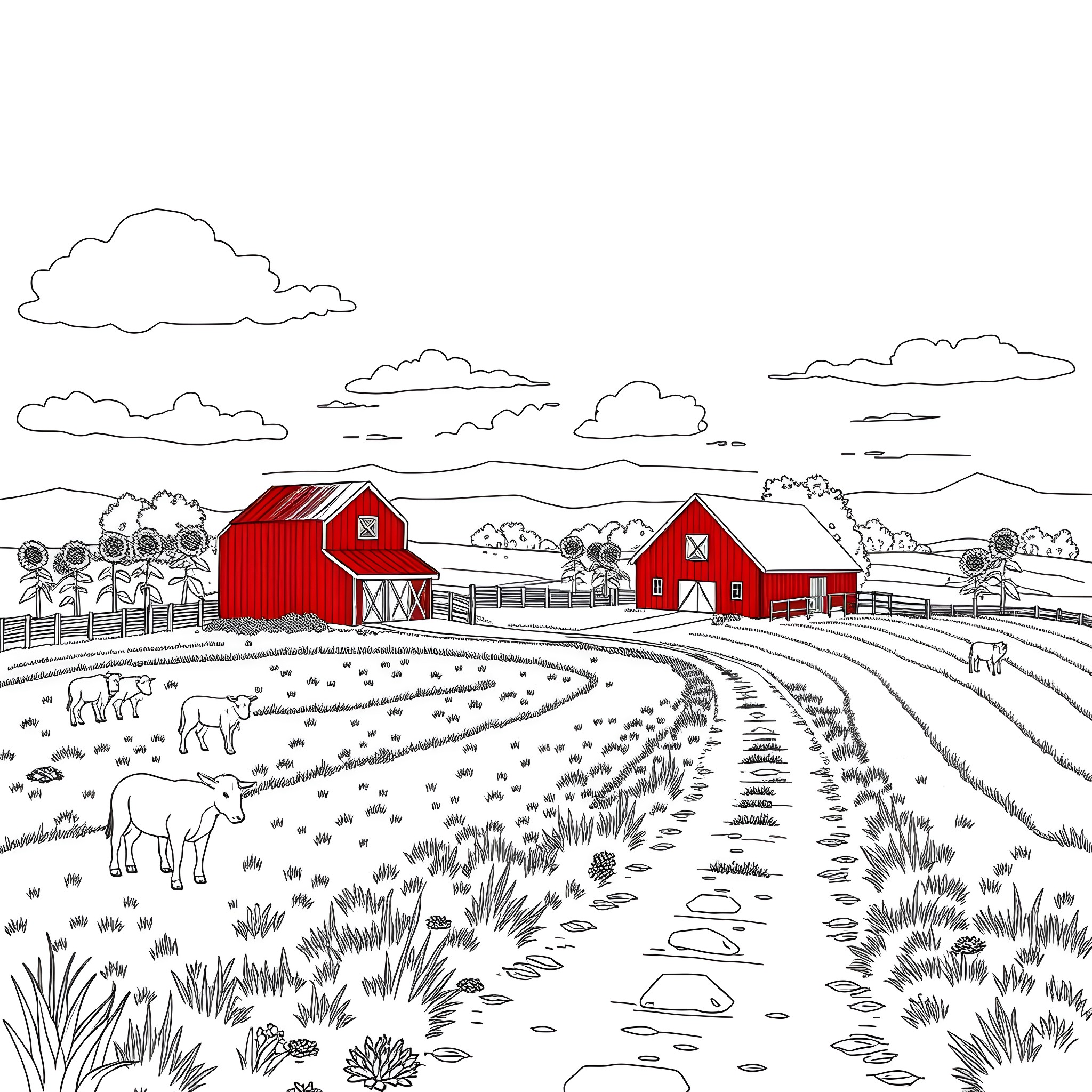 Farm Scene with Red Barns and Farm Animals Coloring Page (free black-and-white line drawing printable PDF for all, from beginners to advanced learners, including children, teens, adults, and seniors)