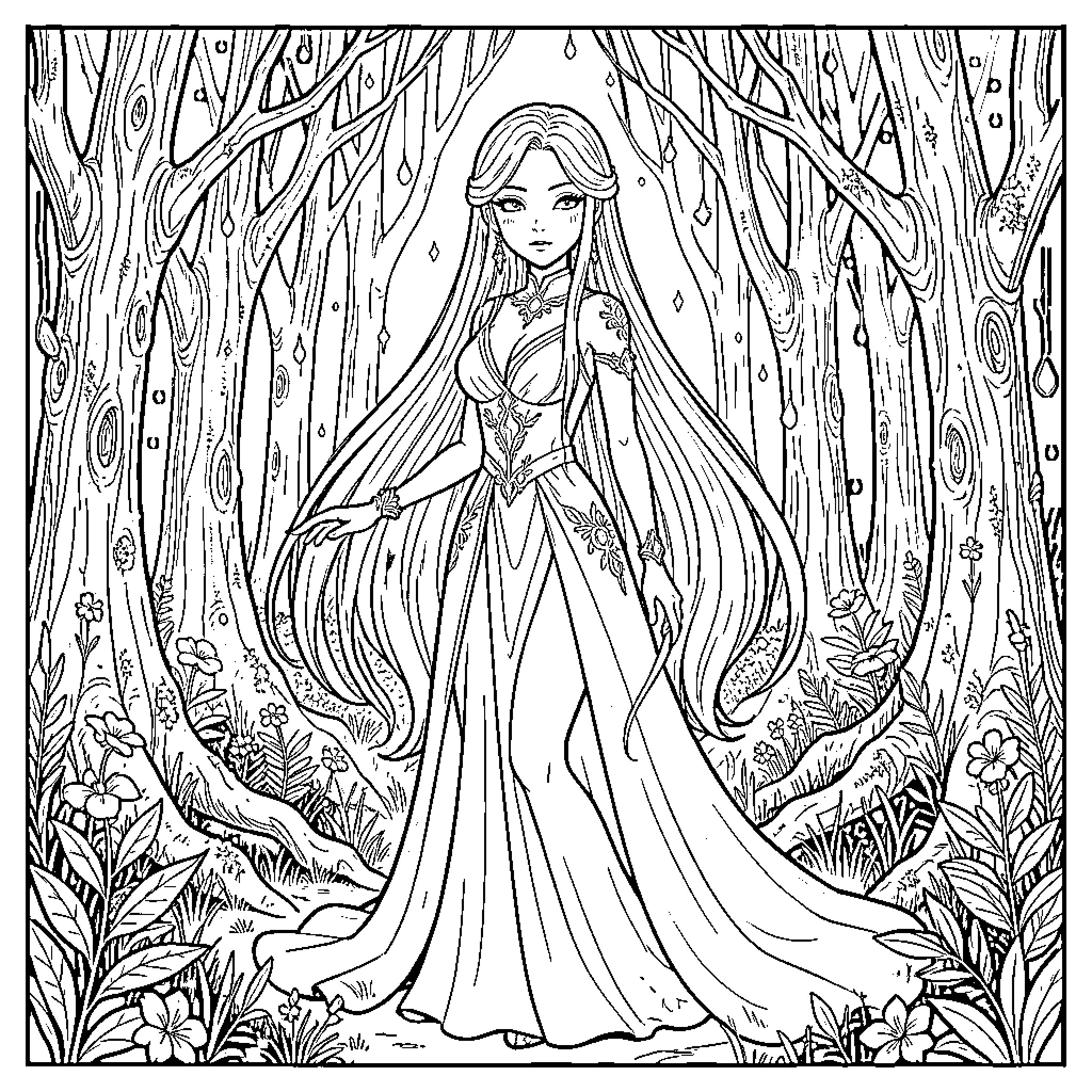 Suiguintou's Enchanting Forest Promenade Coloring Page (free black-and-white line drawing printable PDF for all, from beginners to advanced learners, including children, teens, adults, and seniors)