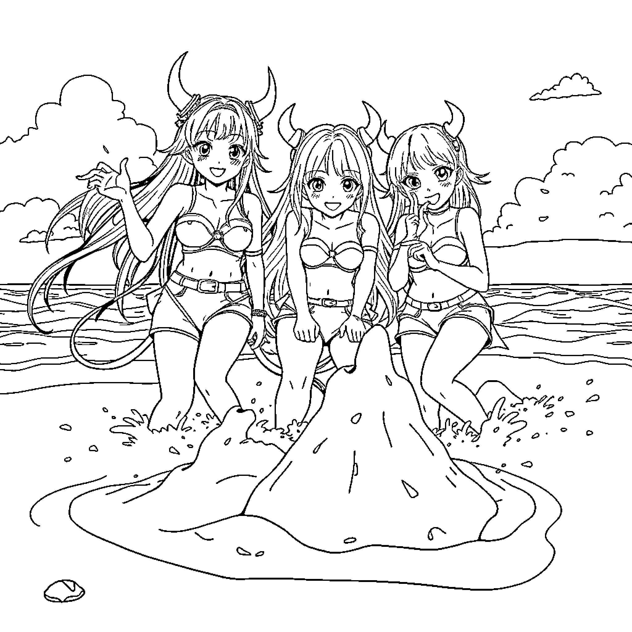Demon Hunter Girls at the Beach Coloring Page (free black-and-white line drawing printable PDF for all, from beginners to advanced learners, including children, teens, adults, and seniors)