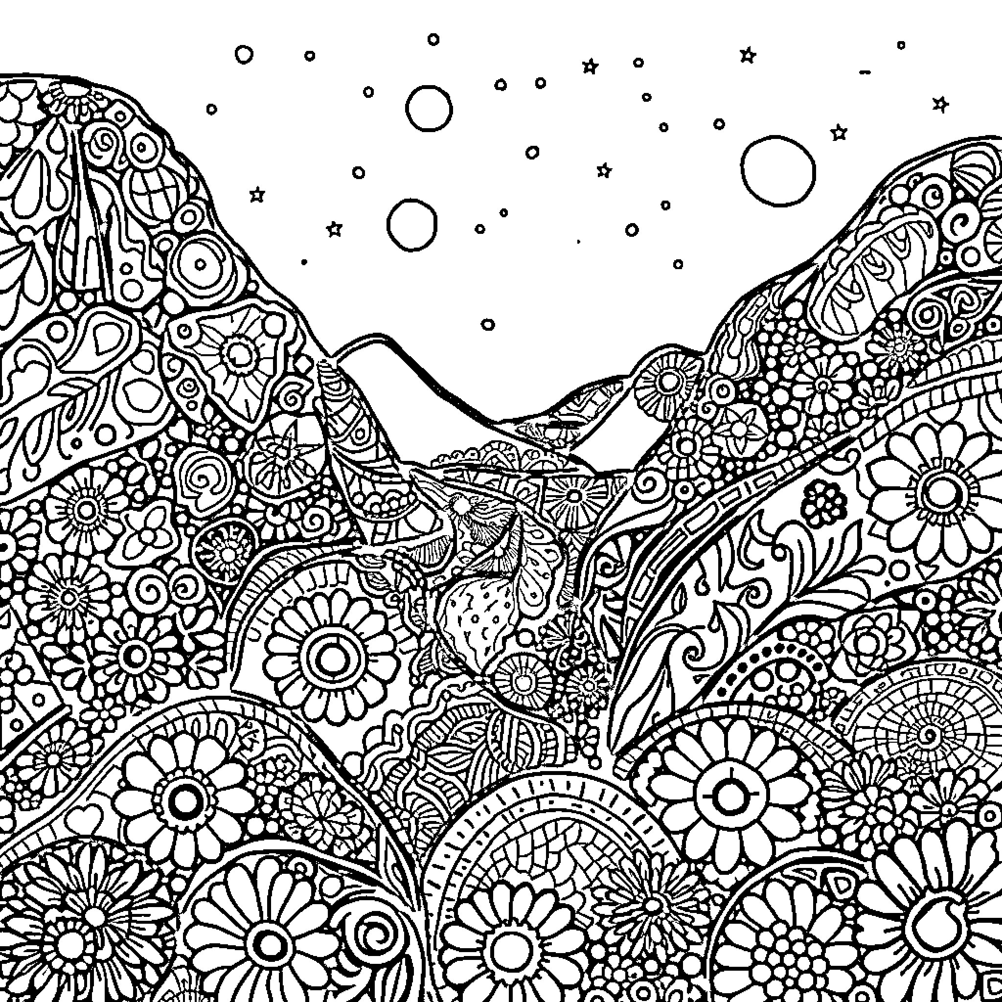 Stitch of Whimsical Floral Landscape Coloring Page (free black-and-white line drawing printable PDF for all, from beginners to advanced learners, including children, teens, adults, and seniors)