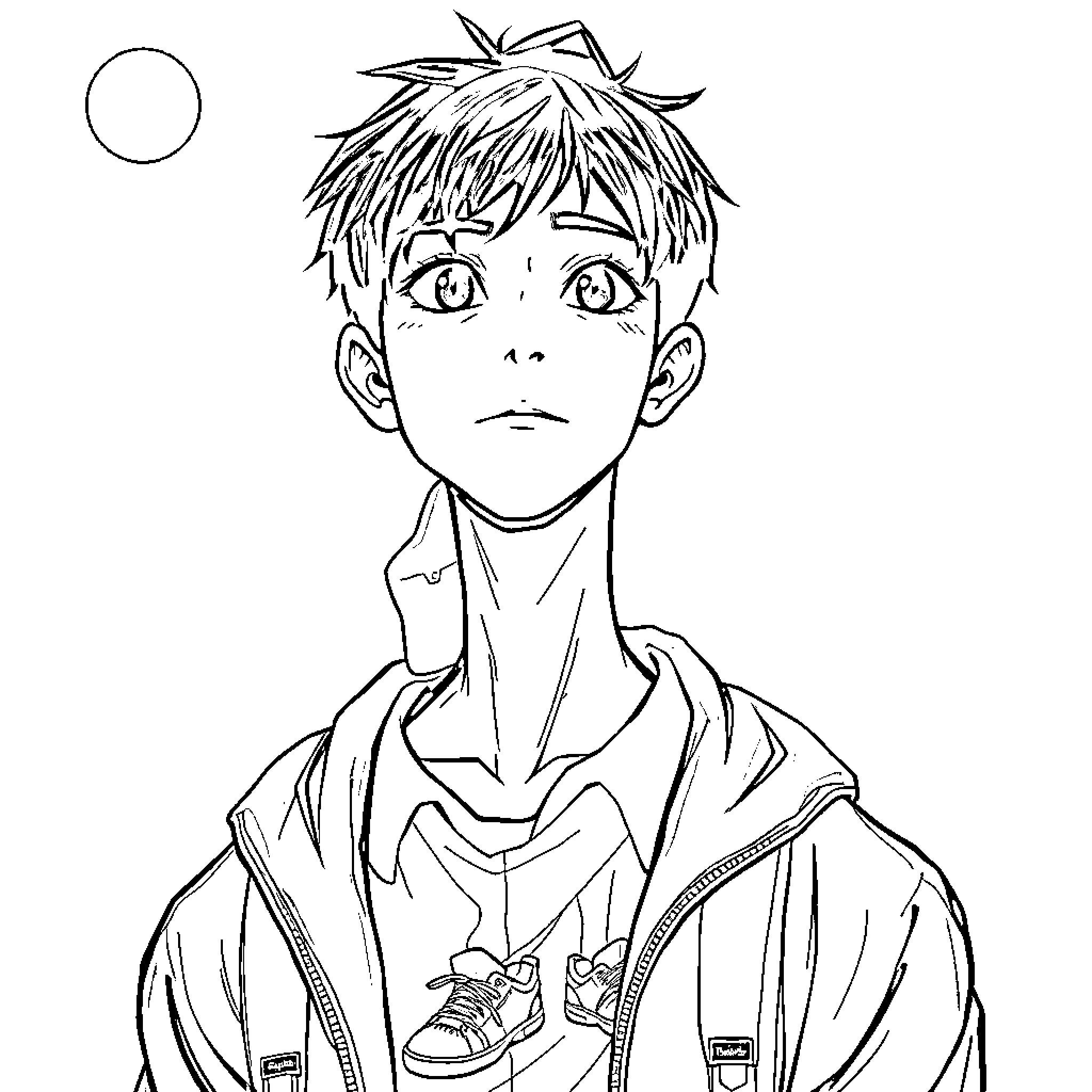 Character with Thoughtful Expression and Casual Attire Coloring Page (free black-and-white line drawing printable PDF for all, from beginners to advanced learners, including children, teens, adults, and seniors)