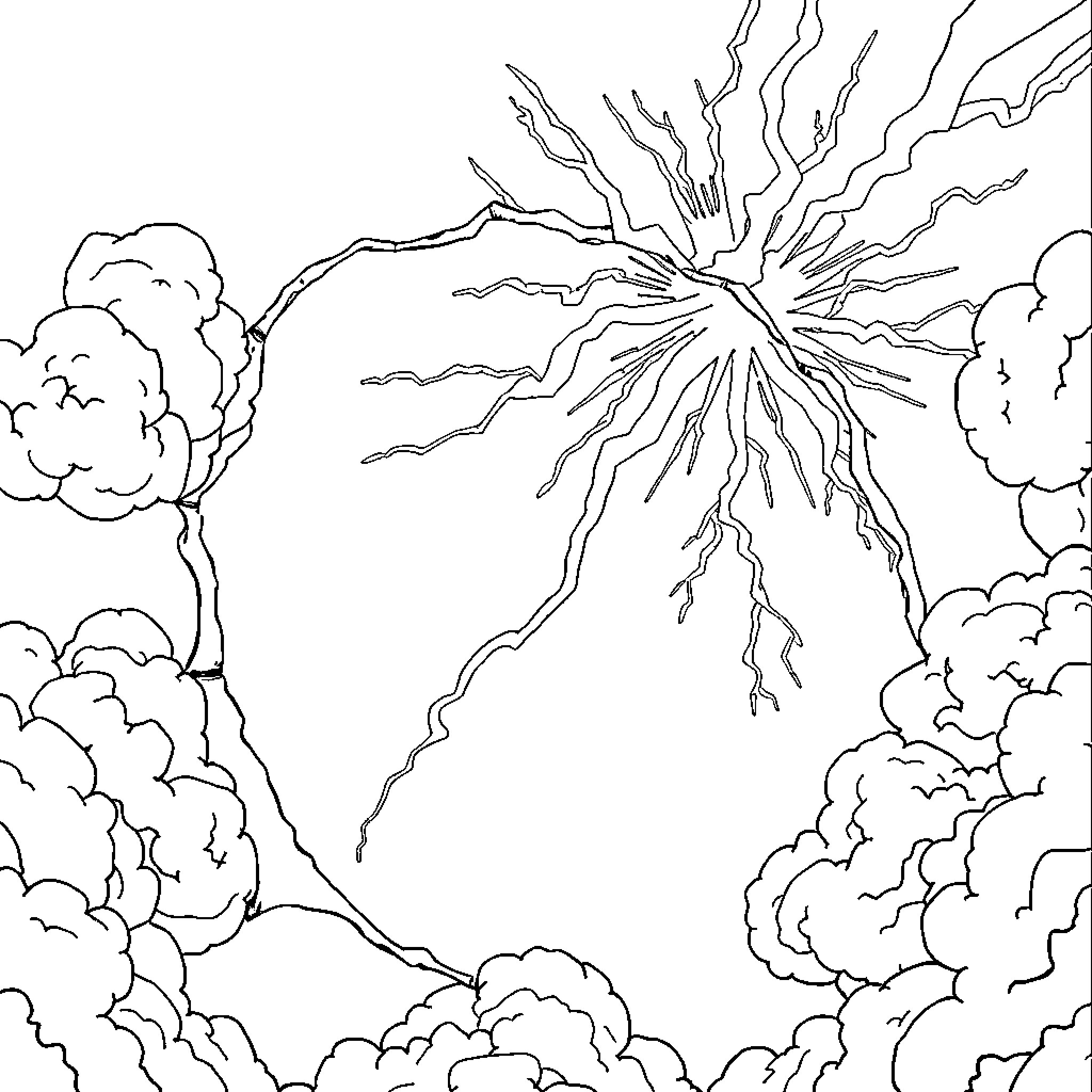 Lightning striking through dramatic clouds Coloring Page (free black-and-white line drawing printable PDF for all, from beginners to advanced learners, including children, teens, adults, and seniors)