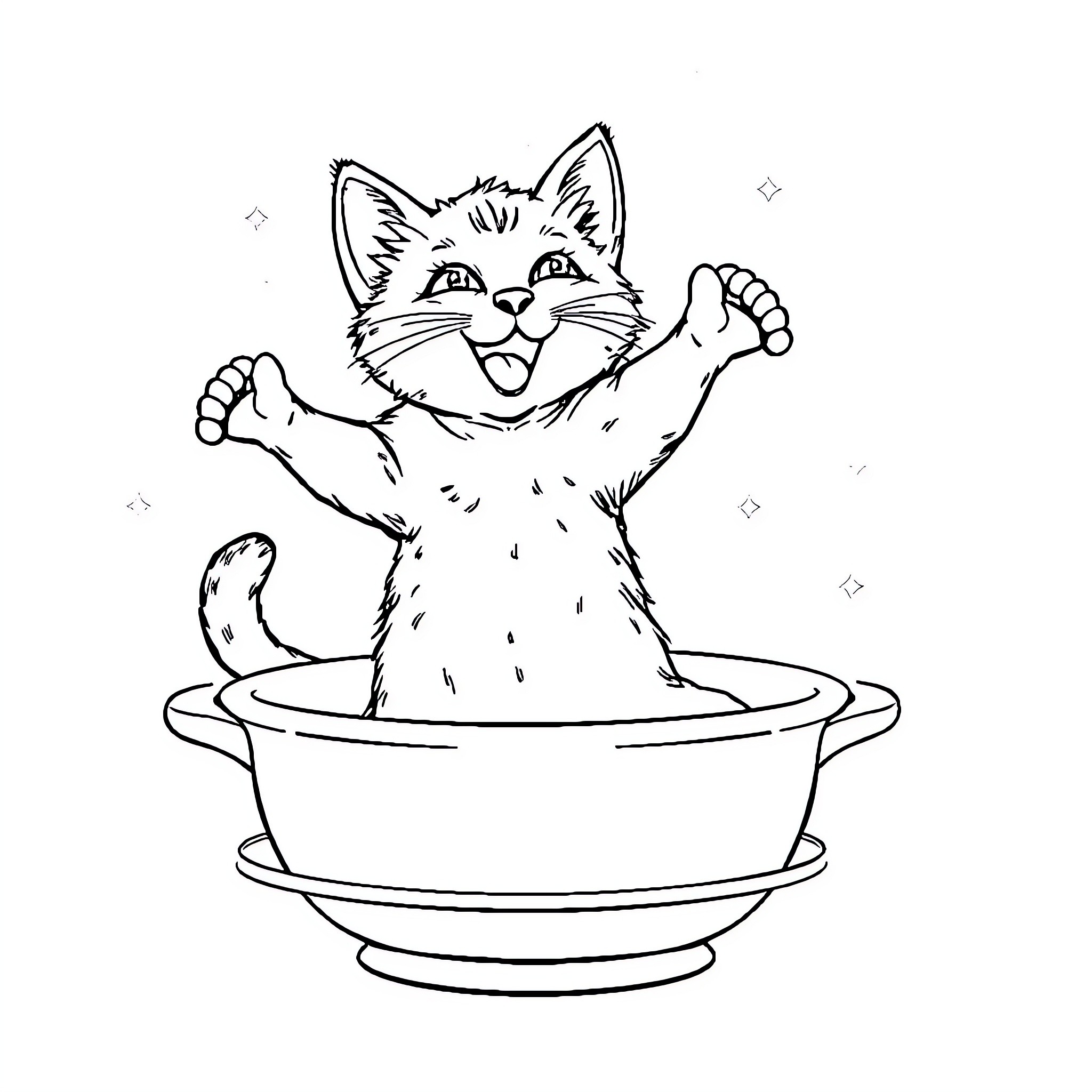 Cat playfully splashing in a bowl Coloring Page (free black-and-white line drawing printable PDF for all, from beginners to advanced learners, including children, teens, adults, and seniors)
