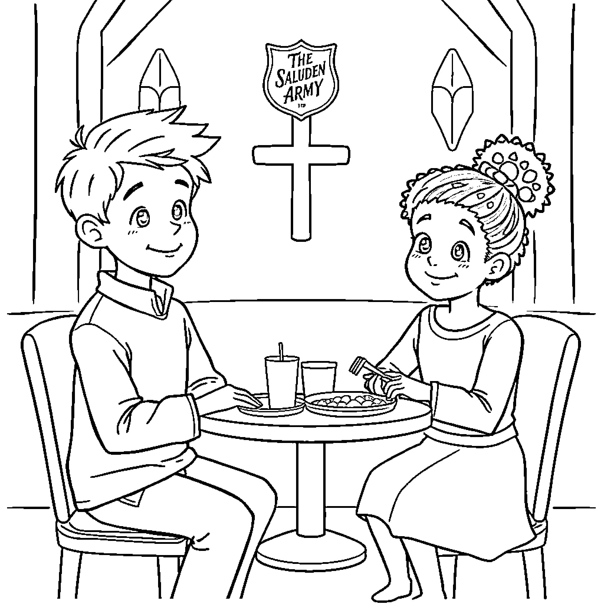 Child dining at Salvation Army cafeteria Coloring Page (free black-and-white line drawing printable PDF for all, from beginners to advanced learners, including children, teens, adults, and seniors)