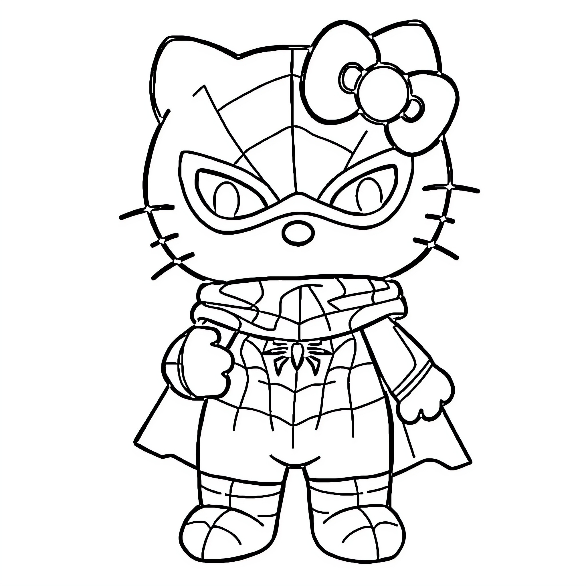 Hello Kitty Superhero in Costume Coloring Page (free black-and-white line drawing printable PDF for all, from beginners to advanced learners, including children, teens, adults, and seniors)