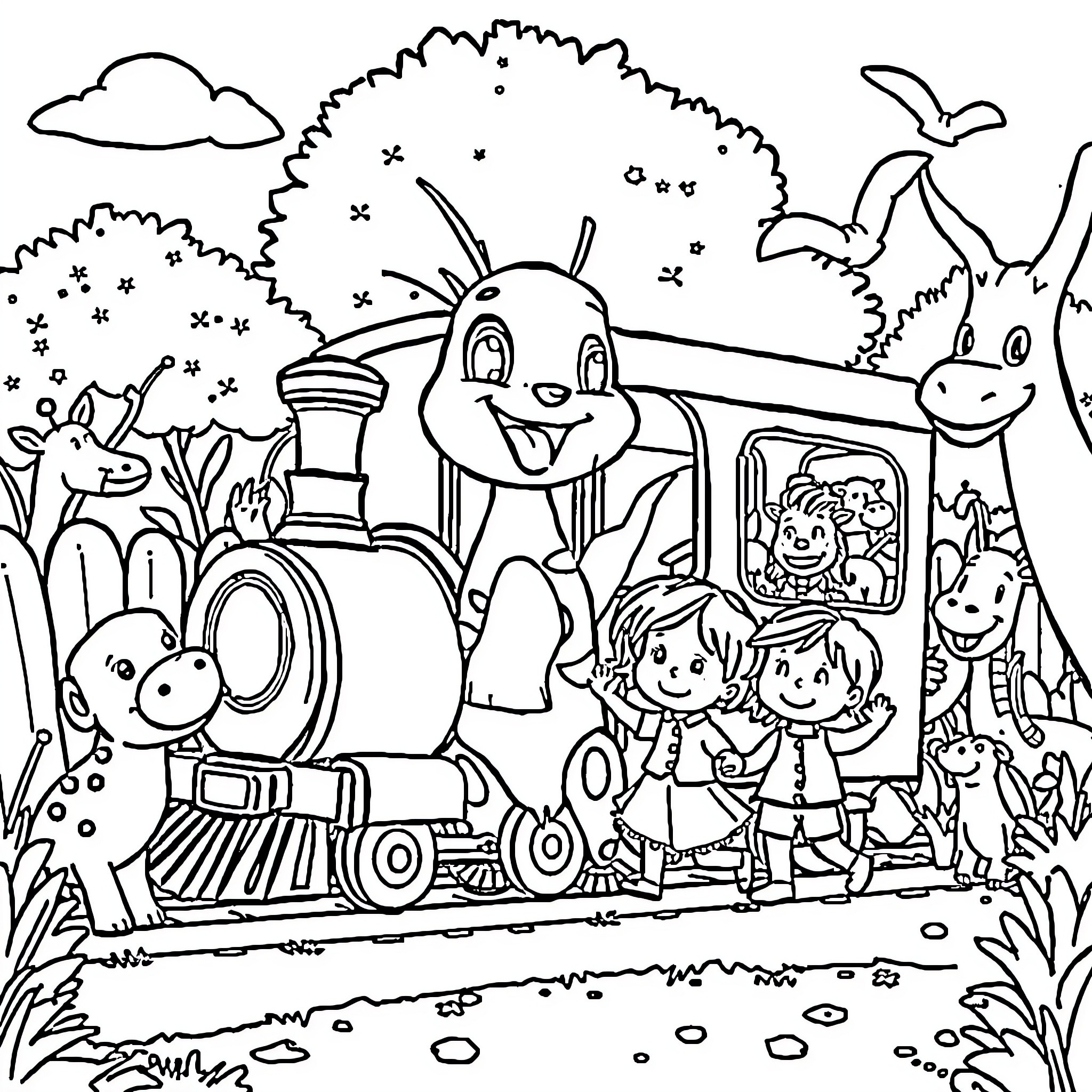 Paw Patrol friends ride on a happy train adventure Coloring Page (free black-and-white line drawing printable PDF for all, from beginners to advanced learners, including children, teens, adults, and seniors)