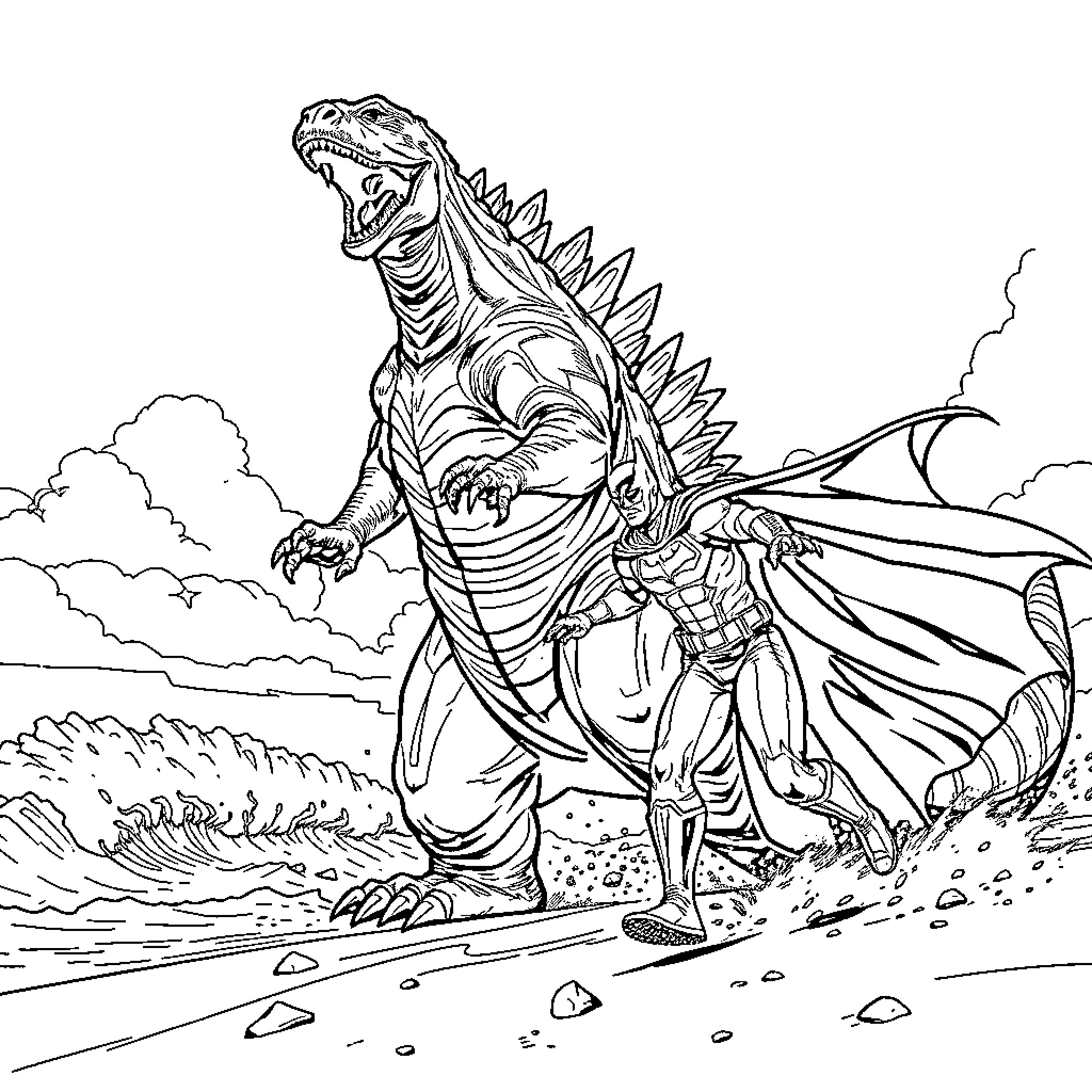Godzilla battles a winged creature in the stormy landscape Coloring Page (free black-and-white line drawing printable PDF for all, from beginners to advanced learners, including children, teens, adults, and seniors)