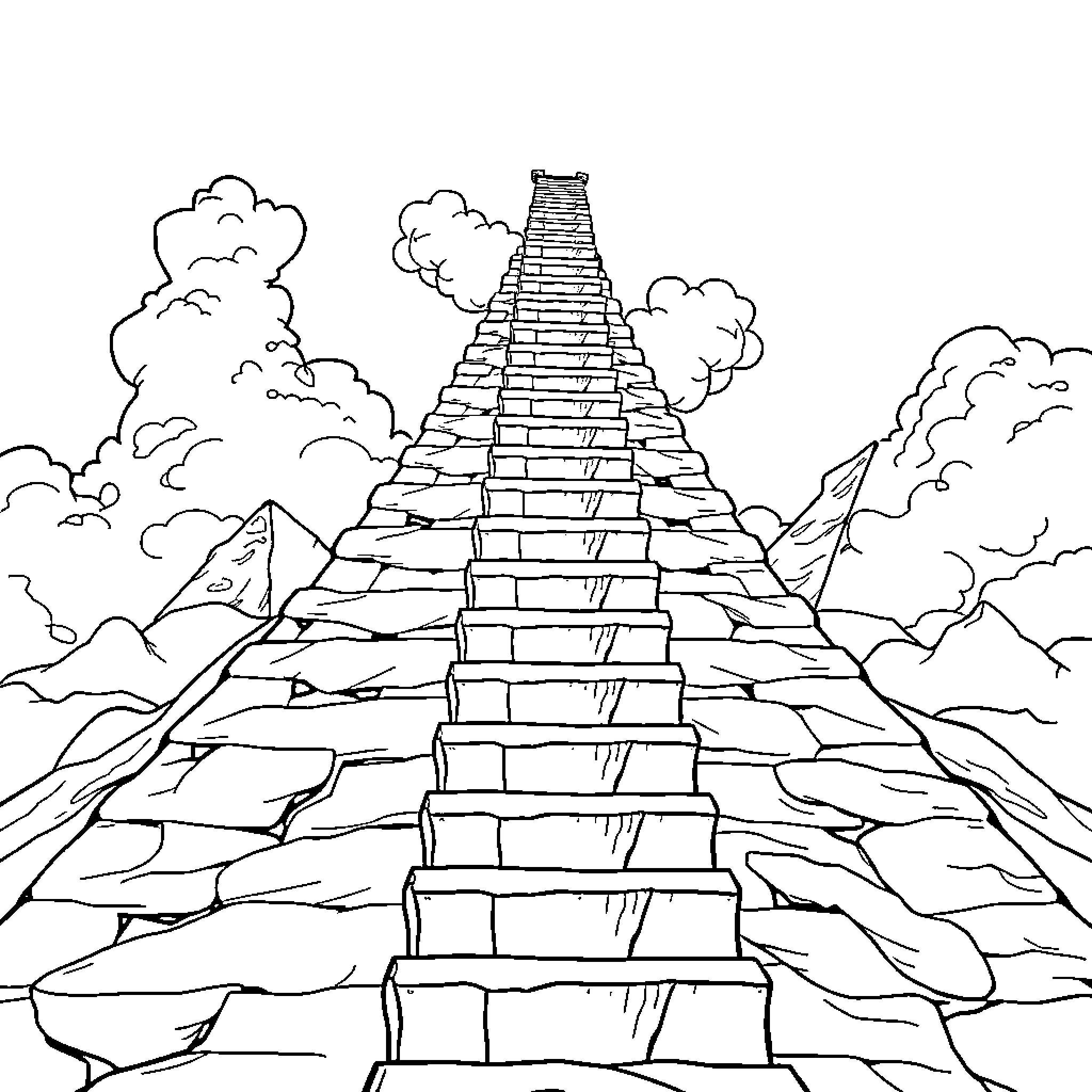 Ladder to the Cloudy Summit Coloring Page (free black-and-white line drawing printable PDF for all, from beginners to advanced learners, including children, teens, adults, and seniors)