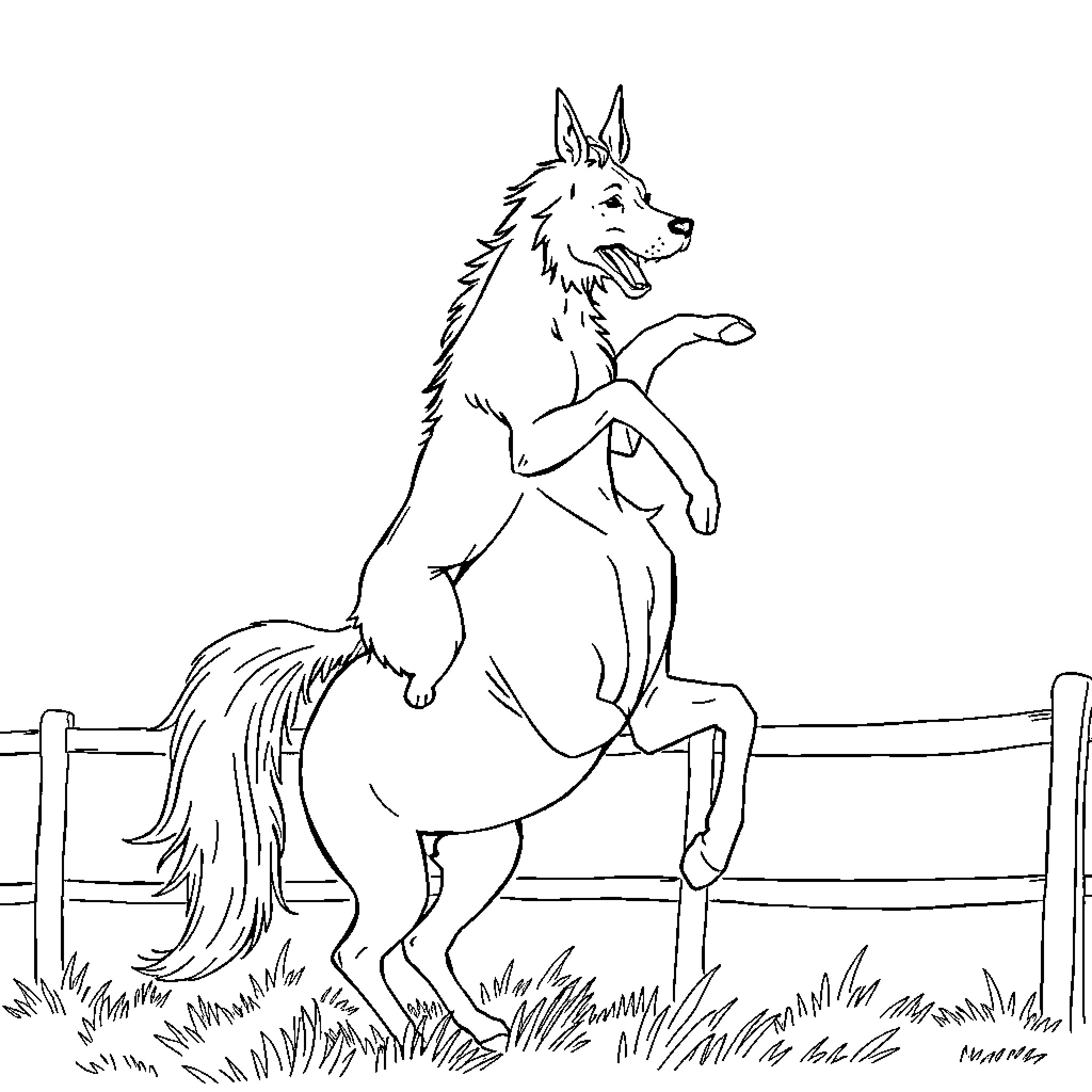Dog rearing up on hind legs in an enclosed field Coloring Page (free black-and-white line drawing printable PDF for all, from beginners to advanced learners, including children, teens, adults, and seniors)