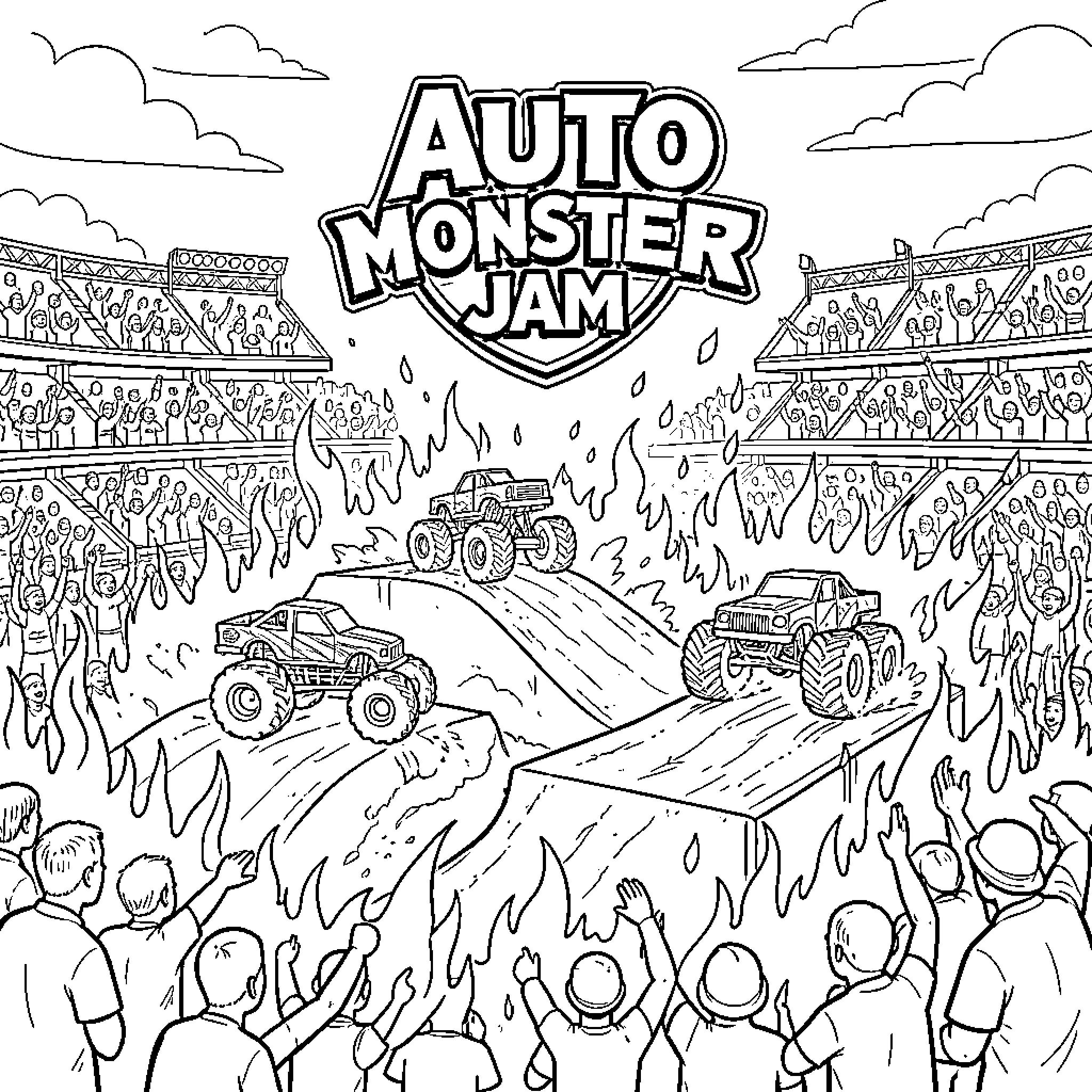 Monster Trucks Performing Extreme Stunts in a Packed Arena Coloring Page (free black-and-white line drawing printable PDF for all, from beginners to advanced learners, including children, teens, adults, and seniors)