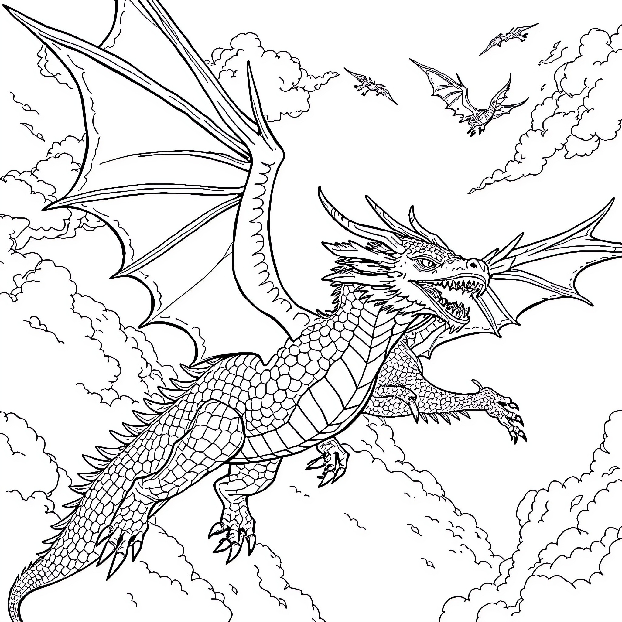 Dragon soaring through cloudy skies Coloring Page (free black-and-white line drawing printable PDF for all, from beginners to advanced learners, including children, teens, adults, and seniors)