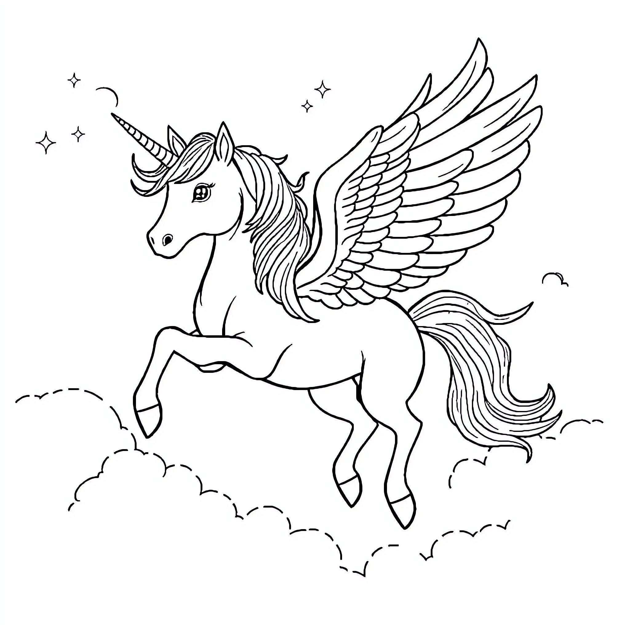 Unicorn soaring through the starry sky Coloring Page (free black-and-white line drawing printable PDF for all, from beginners to advanced learners, including children, teens, adults, and seniors)
