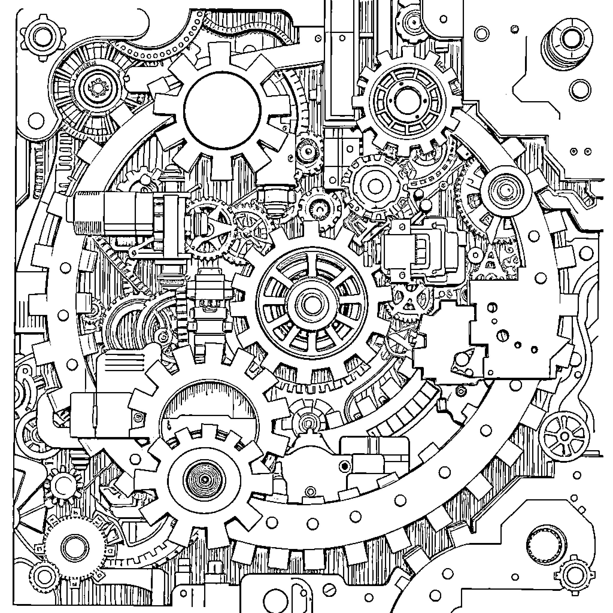 Paper Mechanics: Intricate Gears and Mechanisms Coloring Page (free black-and-white line drawing printable PDF for all, from beginners to advanced learners, including children, teens, adults, and seniors)