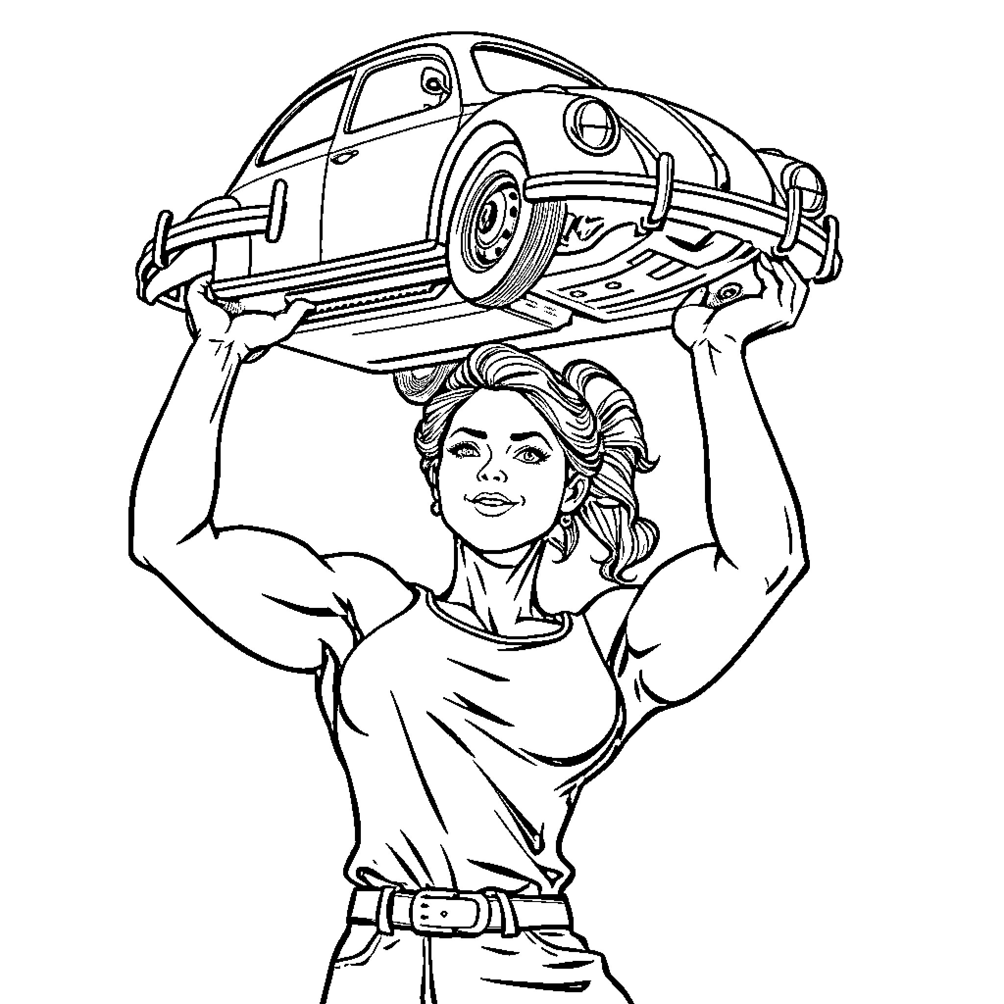 Strongwoman lifting a car with ease Coloring Page (free black-and-white line drawing printable PDF for all, from beginners to advanced learners, including children, teens, adults, and seniors)