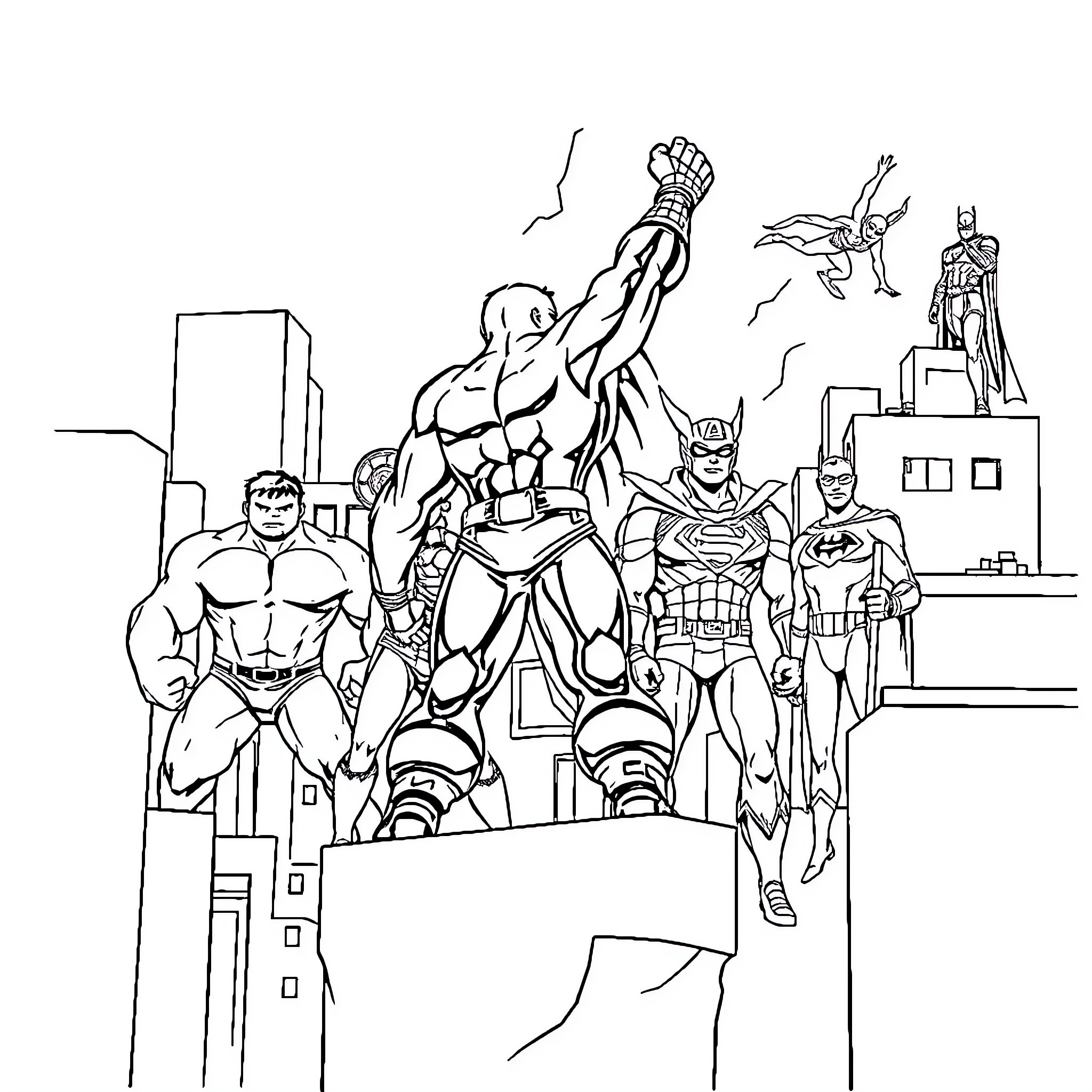 Superhero Team Assembling for Action Coloring Page (free black-and-white line drawing printable PDF for all, from beginners to advanced learners, including children, teens, adults, and seniors)