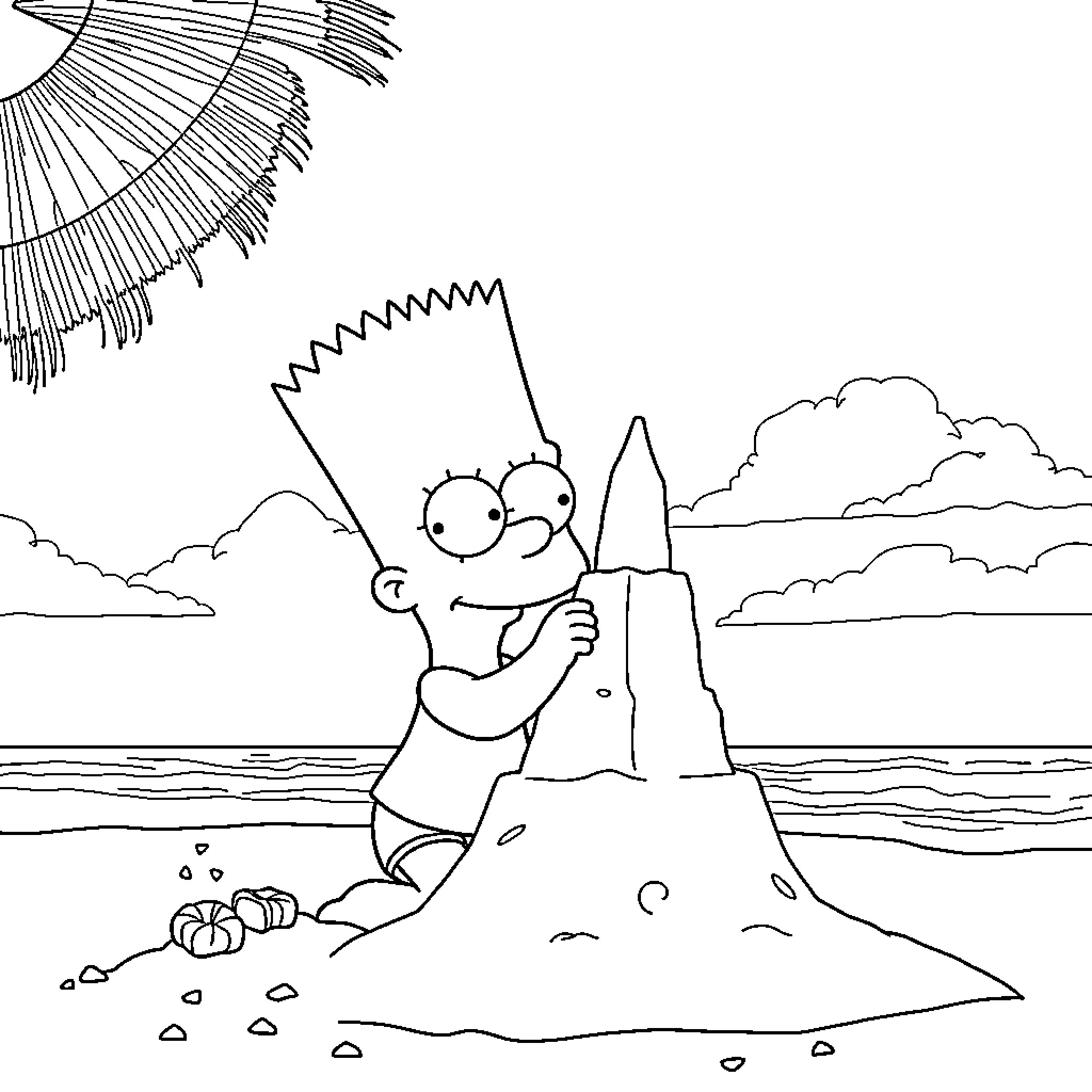 Bart Simpson building a sandcastle by the beach Coloring Page (free black-and-white line drawing printable PDF for all, from beginners to advanced learners, including children, teens, adults, and seniors)