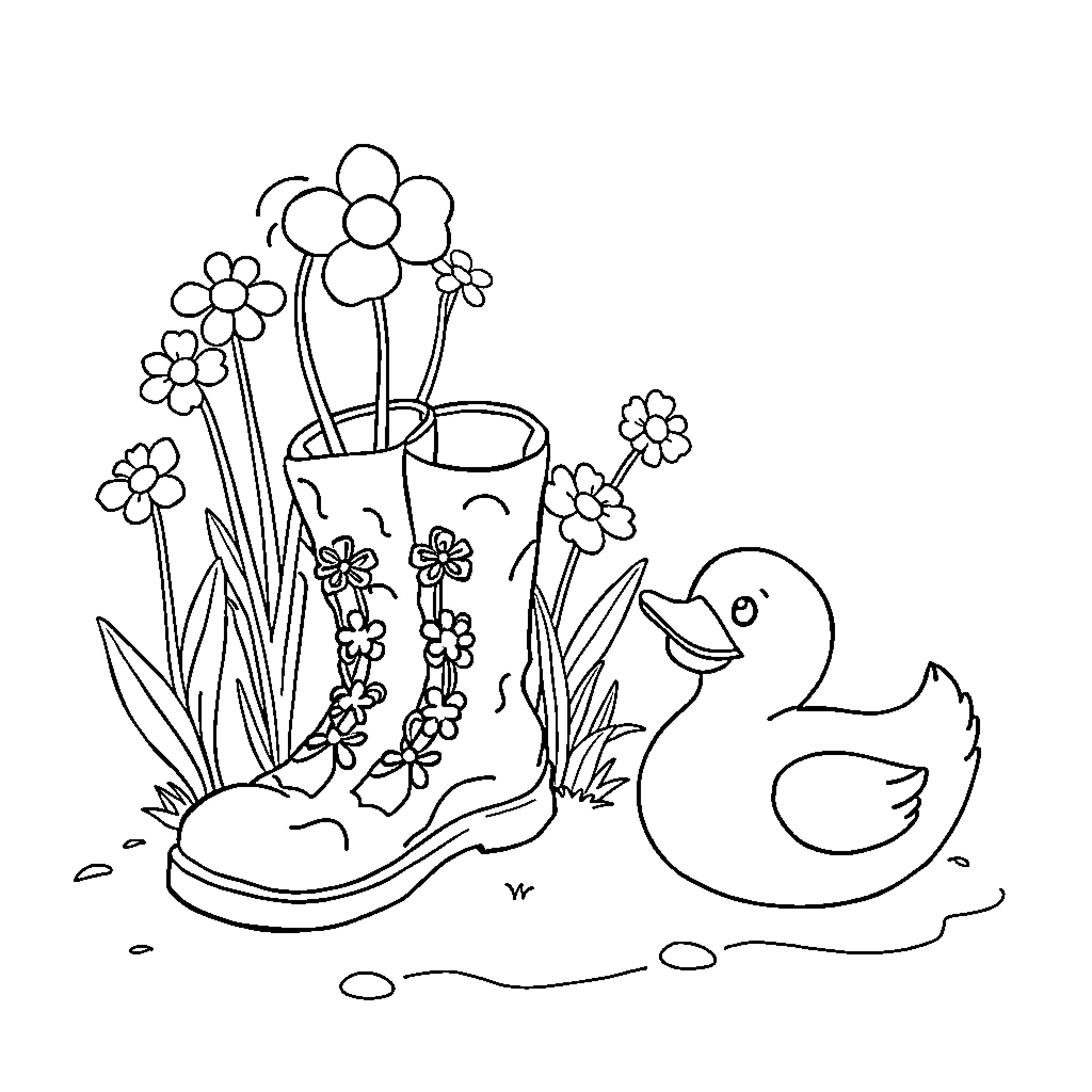Flower garden with playful duck Coloring Page (free black-and-white line drawing printable PDF for all, from beginners to advanced learners, including children, teens, adults, and seniors)