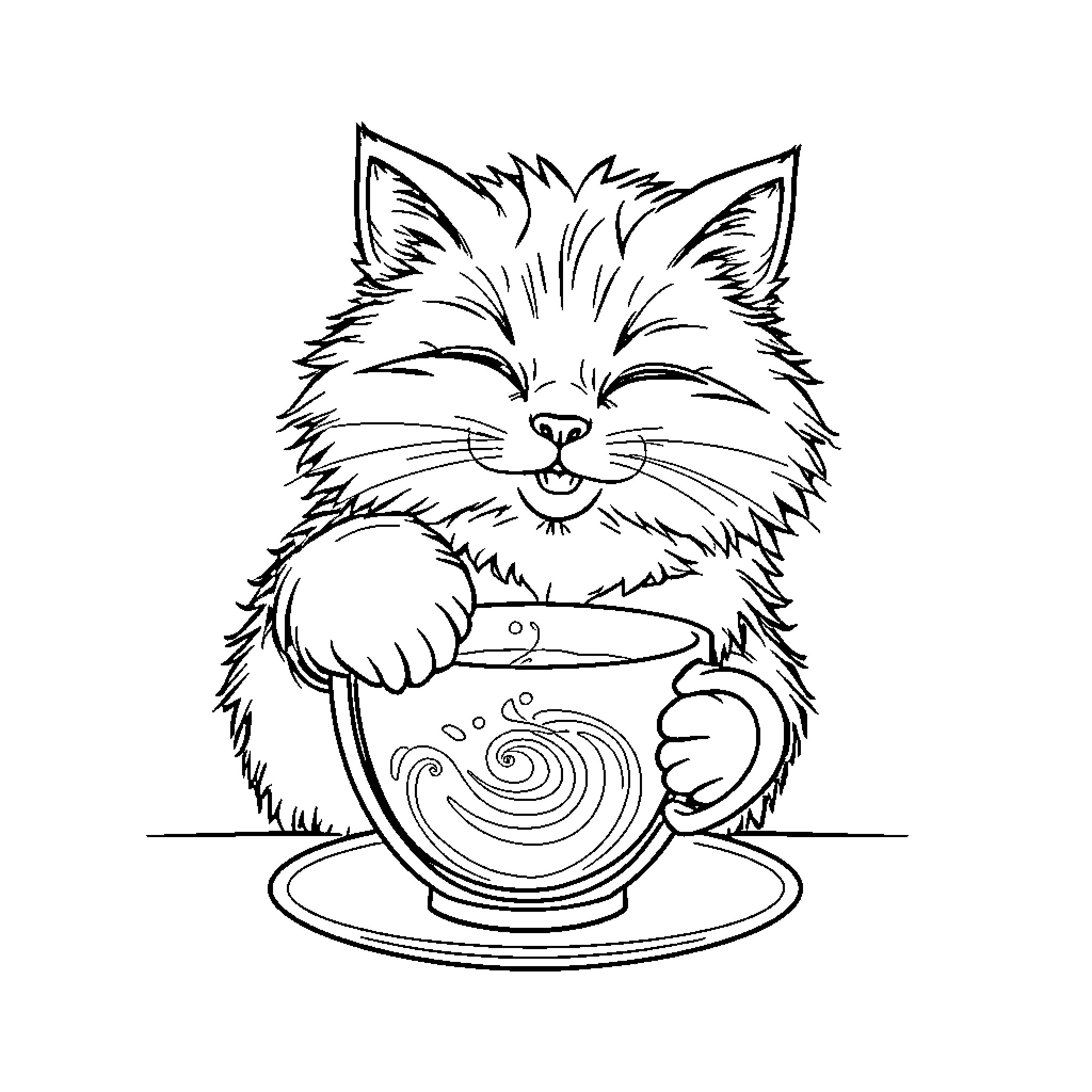 Cat enjoying a warm cup of coffee Coloring Page (free black-and-white line drawing printable PDF for all, from beginners to advanced learners, including children, teens, adults, and seniors)