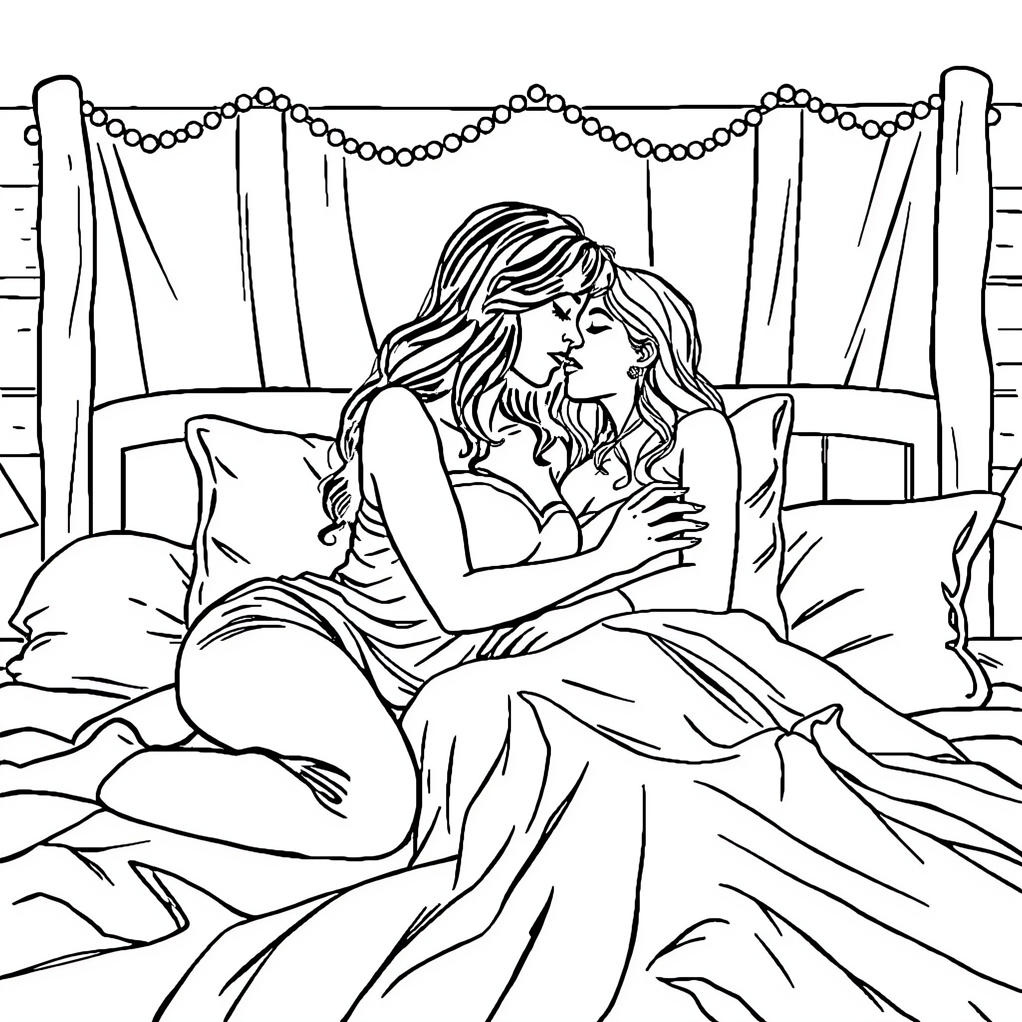 Woman intimately embracing in romantic setting Coloring Page (free black-and-white line drawing printable PDF for all, from beginners to advanced learners, including children, teens, adults, and seniors)