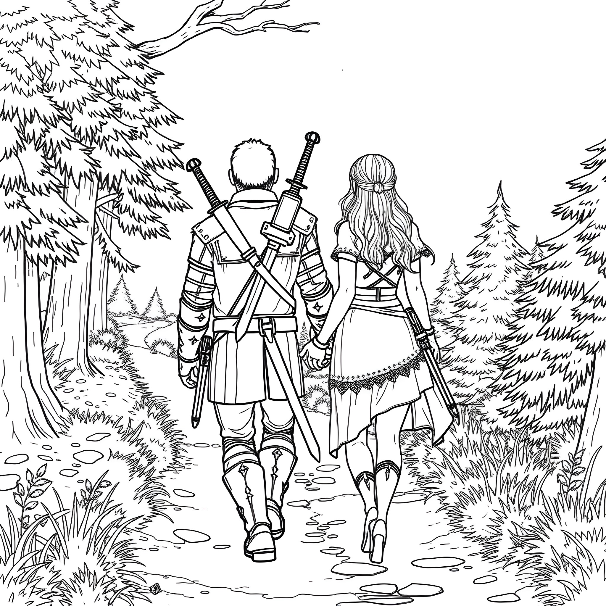 Geralt and Ciri Exploring the Enchanted Forest Coloring Page (free black-and-white line drawing printable PDF for all, from beginners to advanced learners, including children, teens, adults, and seniors)