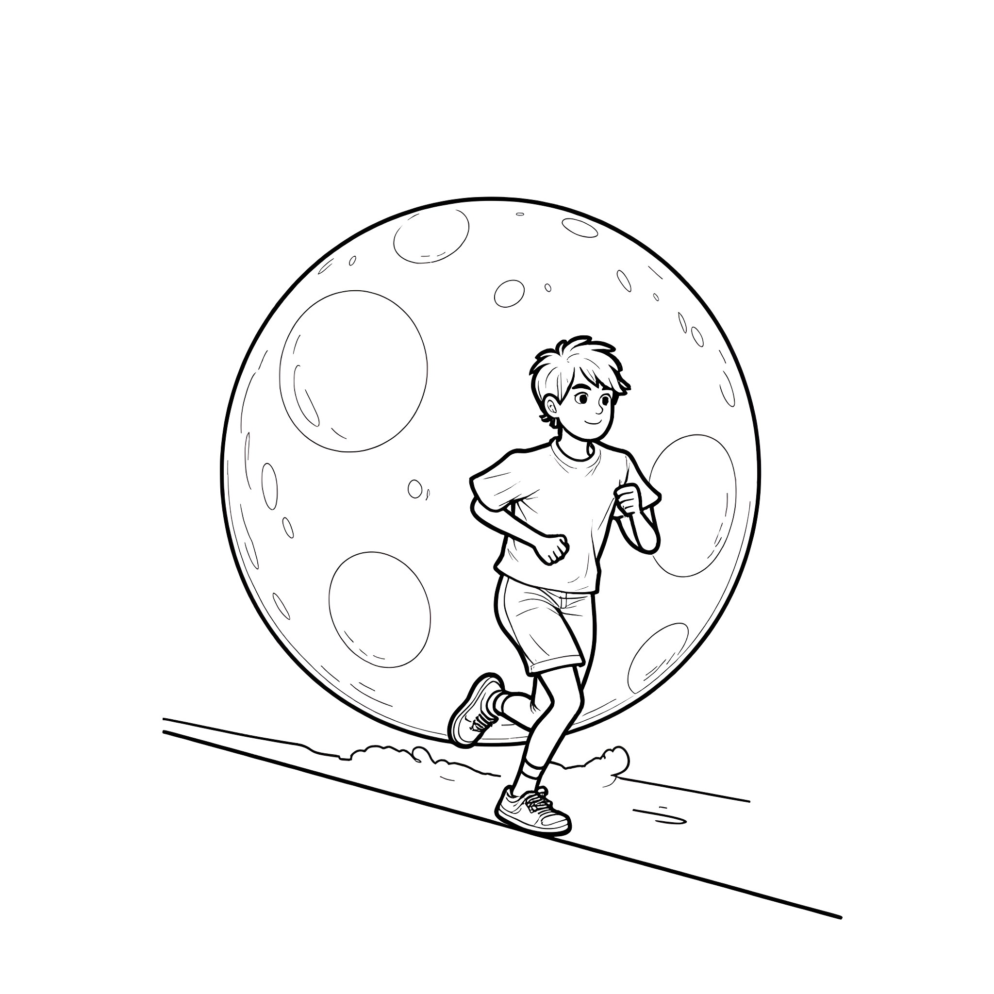 Boy running on the moon's surface Coloring Page (free black-and-white line drawing printable PDF for all, from beginners to advanced learners, including children, teens, adults, and seniors)