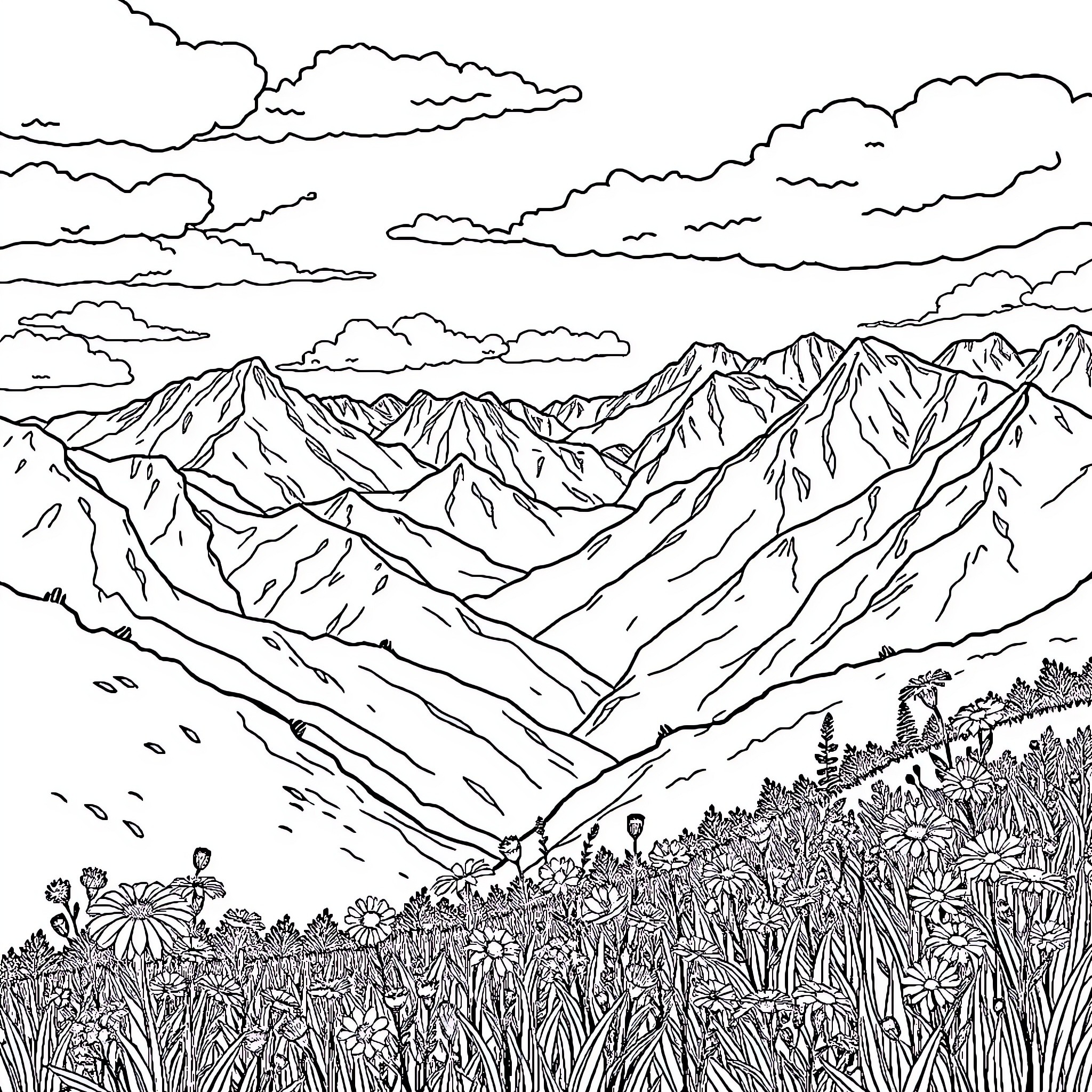 Nature's Majestic Mountain Landscape Coloring Page (free black-and-white line drawing printable PDF for all, from beginners to advanced learners, including children, teens, adults, and seniors)