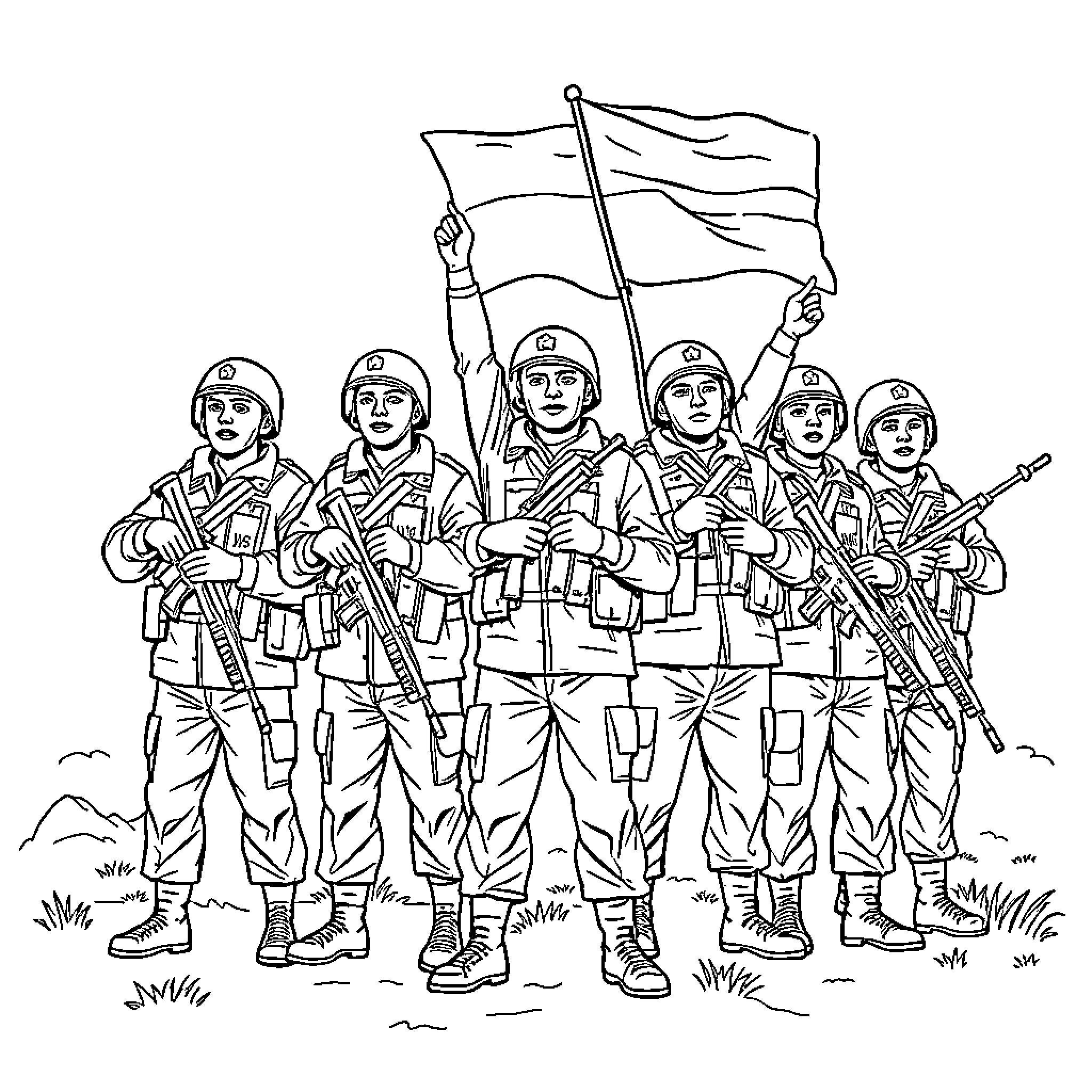 Soldier Platoon Advancing with Weapons and Flag Coloring Page (free black-and-white line drawing printable PDF for all, from beginners to advanced learners, including children, teens, adults, and seniors)