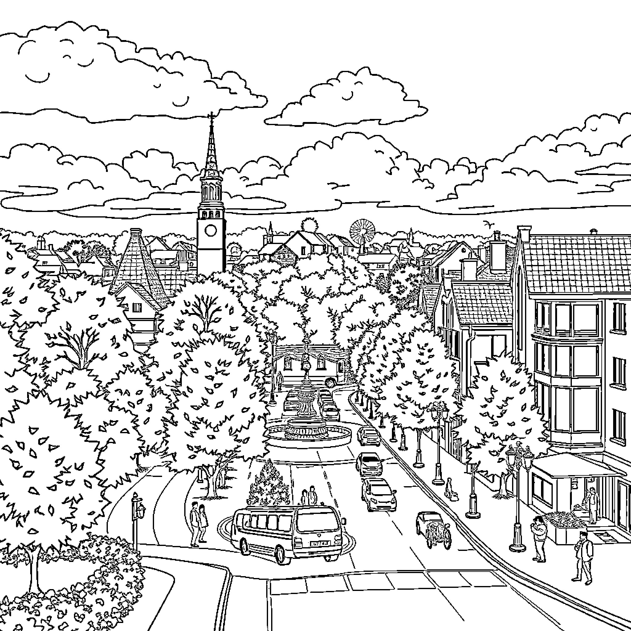 Hemel Hempstead: A Bustling Town Landscape Coloring Page (free black-and-white line drawing printable PDF for all, from beginners to advanced learners, including children, teens, adults, and seniors)