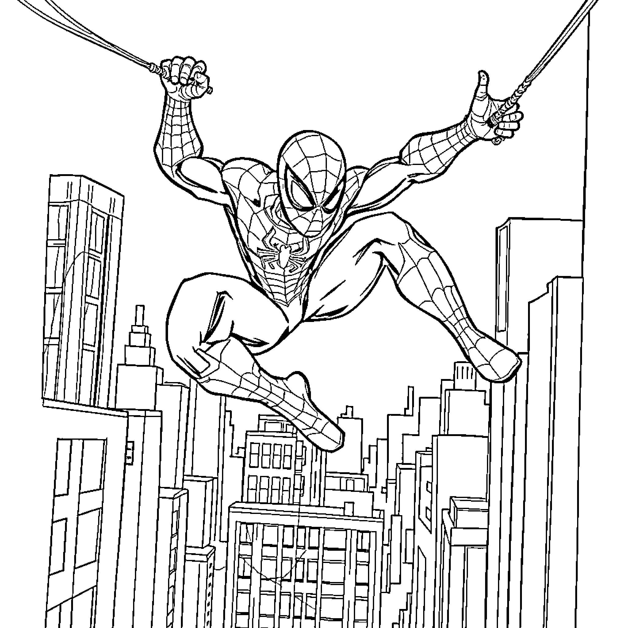 Spiderman swinging through the city skyline Coloring Page (free black-and-white line drawing printable PDF for all, from beginners to advanced learners, including children, teens, adults, and seniors)