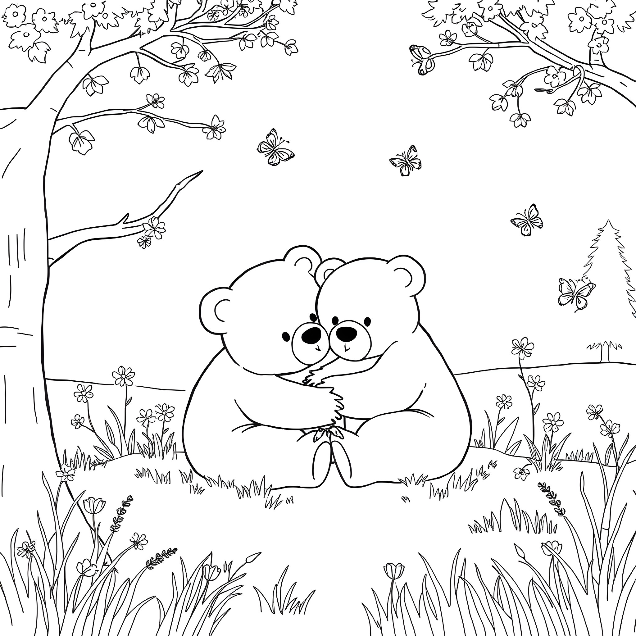 Bear enjoying nature with butterflies Coloring Page (free black-and-white line drawing printable PDF for all, from beginners to advanced learners, including children, teens, adults, and seniors)
