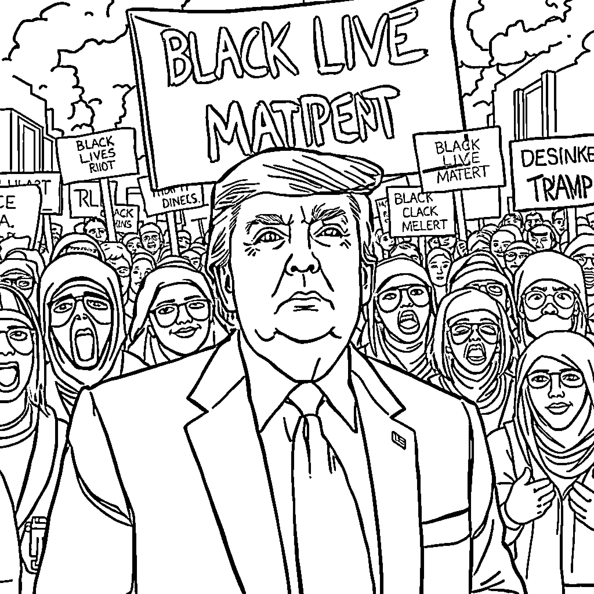 Donald Trump and Black Lives Matter protesters Coloring Page (free black-and-white line drawing printable PDF for all, from beginners to advanced learners, including children, teens, adults, and seniors)