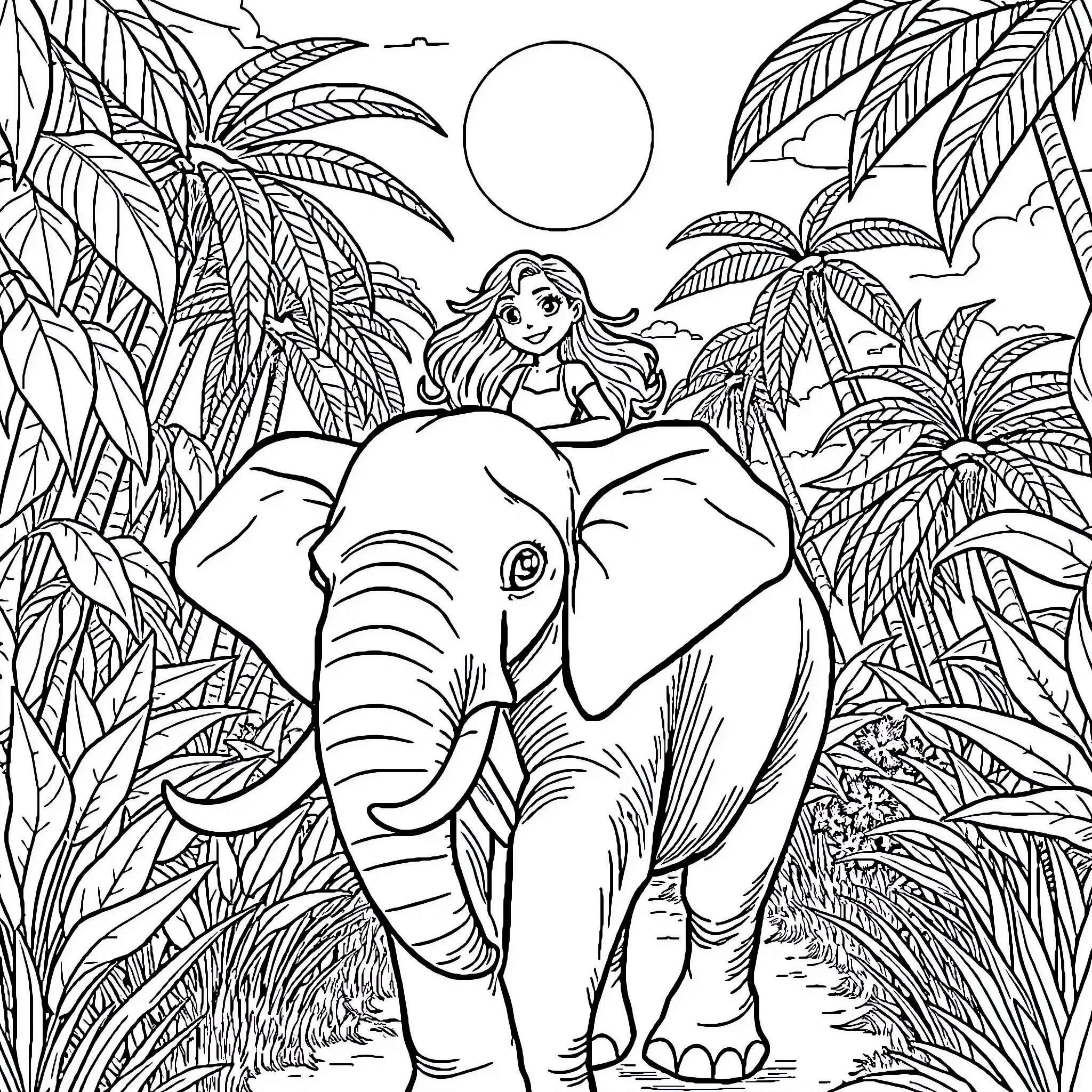 Elephant and girl in a tropical jungle scene Coloring Page (free black-and-white line drawing printable PDF for all, from beginners to advanced learners, including children, teens, adults, and seniors)