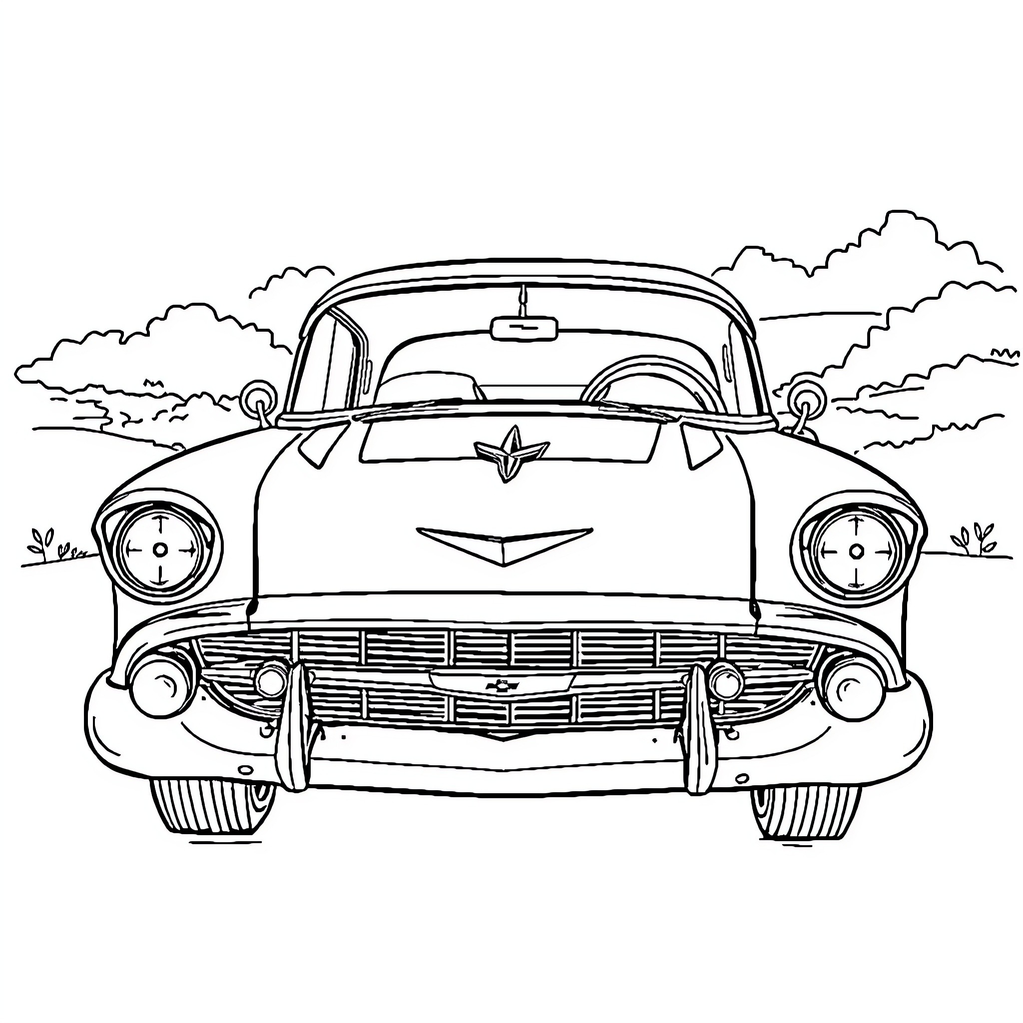 Chevy classic car driving through countryside Coloring Page (free black-and-white line drawing printable PDF for all, from beginners to advanced learners, including children, teens, adults, and seniors)