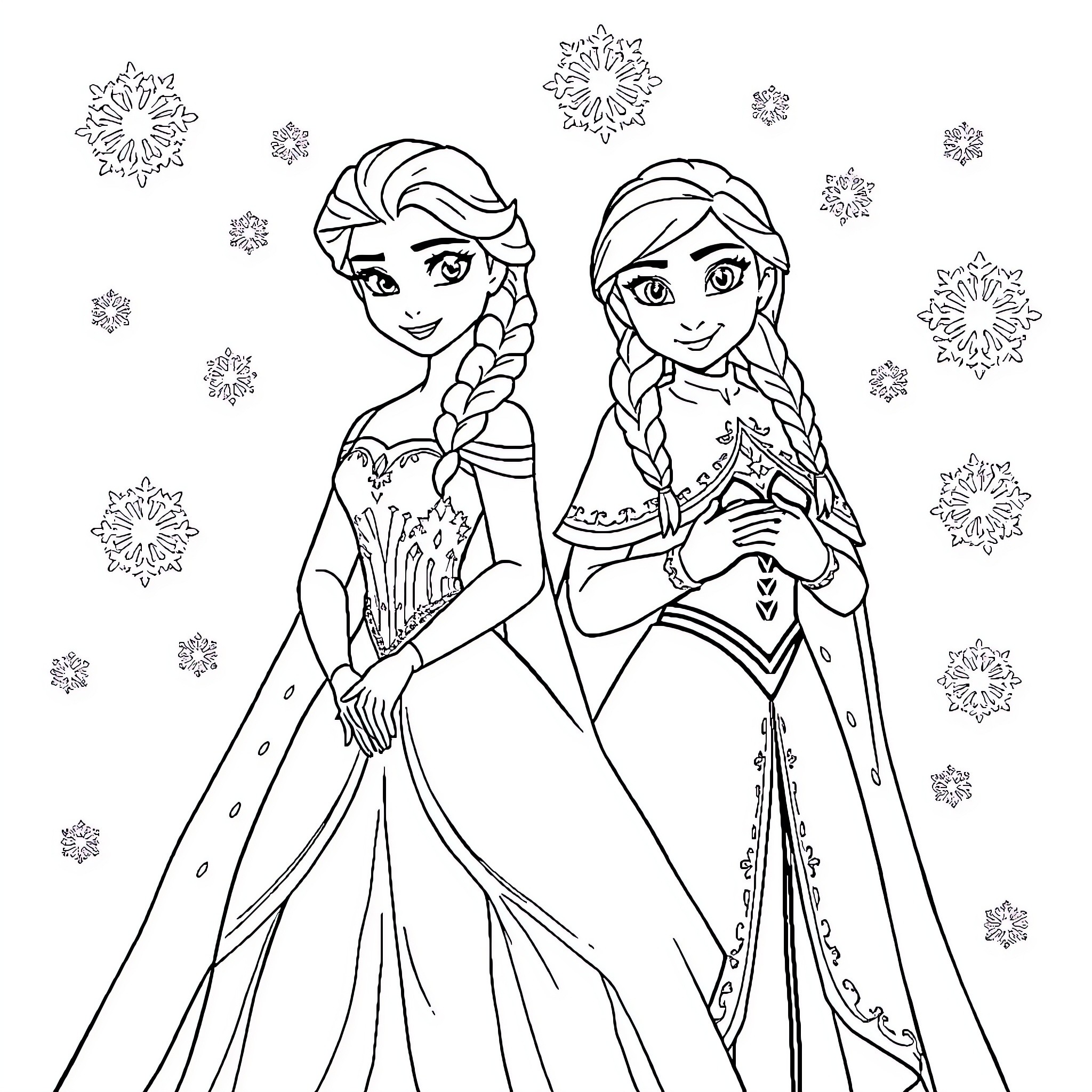 Elsa and Anna's Frosty Adventure Coloring Page (free black-and-white line drawing printable PDF for all, from beginners to advanced learners, including children, teens, adults, and seniors)