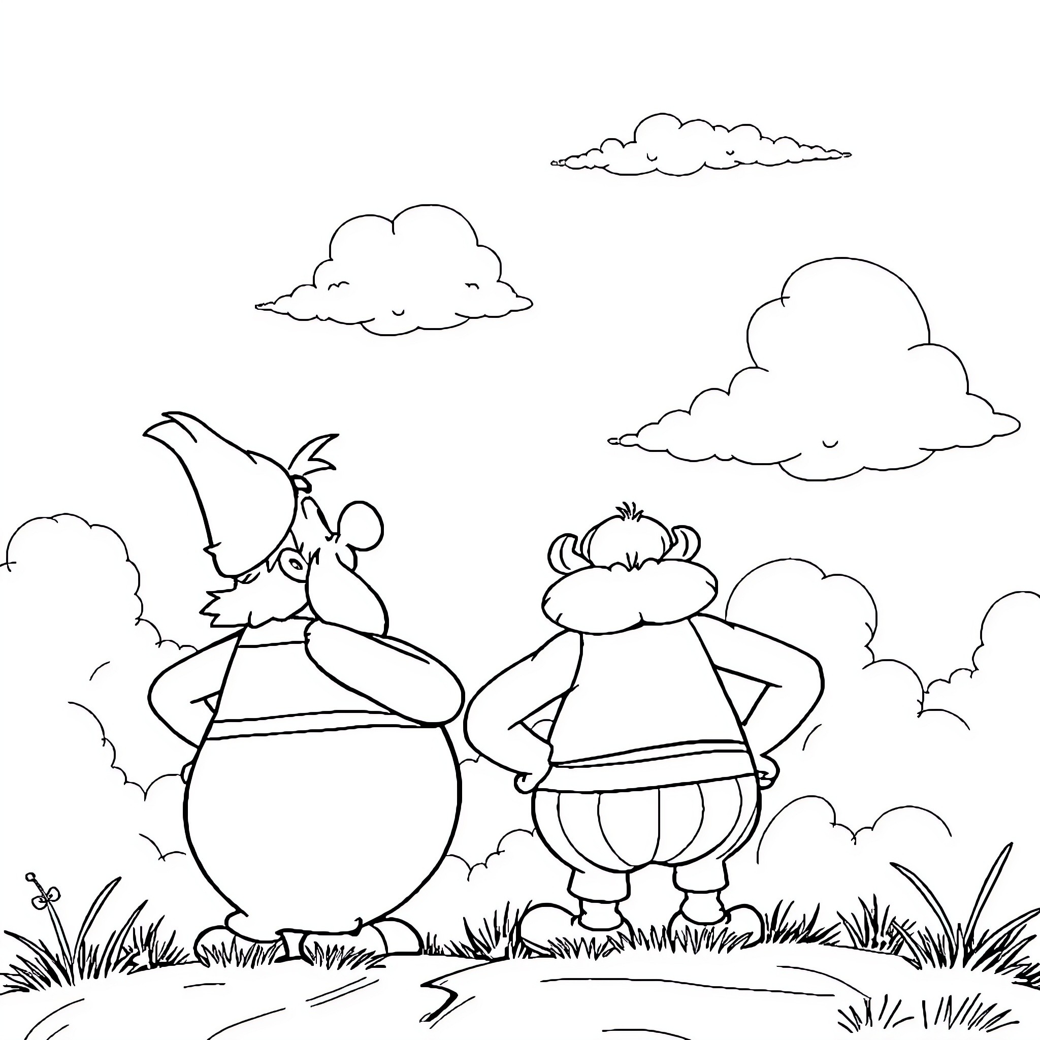 Asterix and Obelix on a cloudy day Coloring Page (free black-and-white line drawing printable PDF for all, from beginners to advanced learners, including children, teens, adults, and seniors)