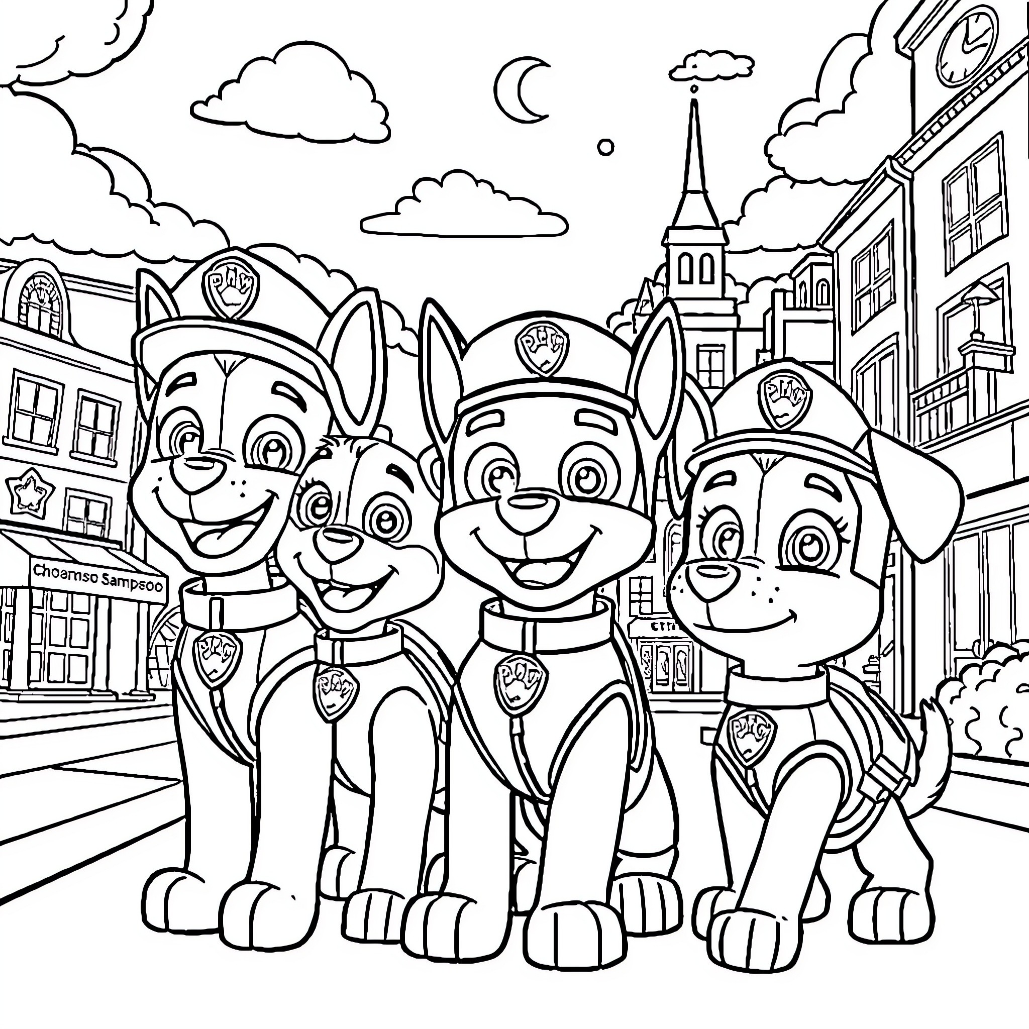 Paw Patrol Team Patrolling the City Coloring Page (free black-and-white line drawing printable PDF for all, from beginners to advanced learners, including children, teens, adults, and seniors)