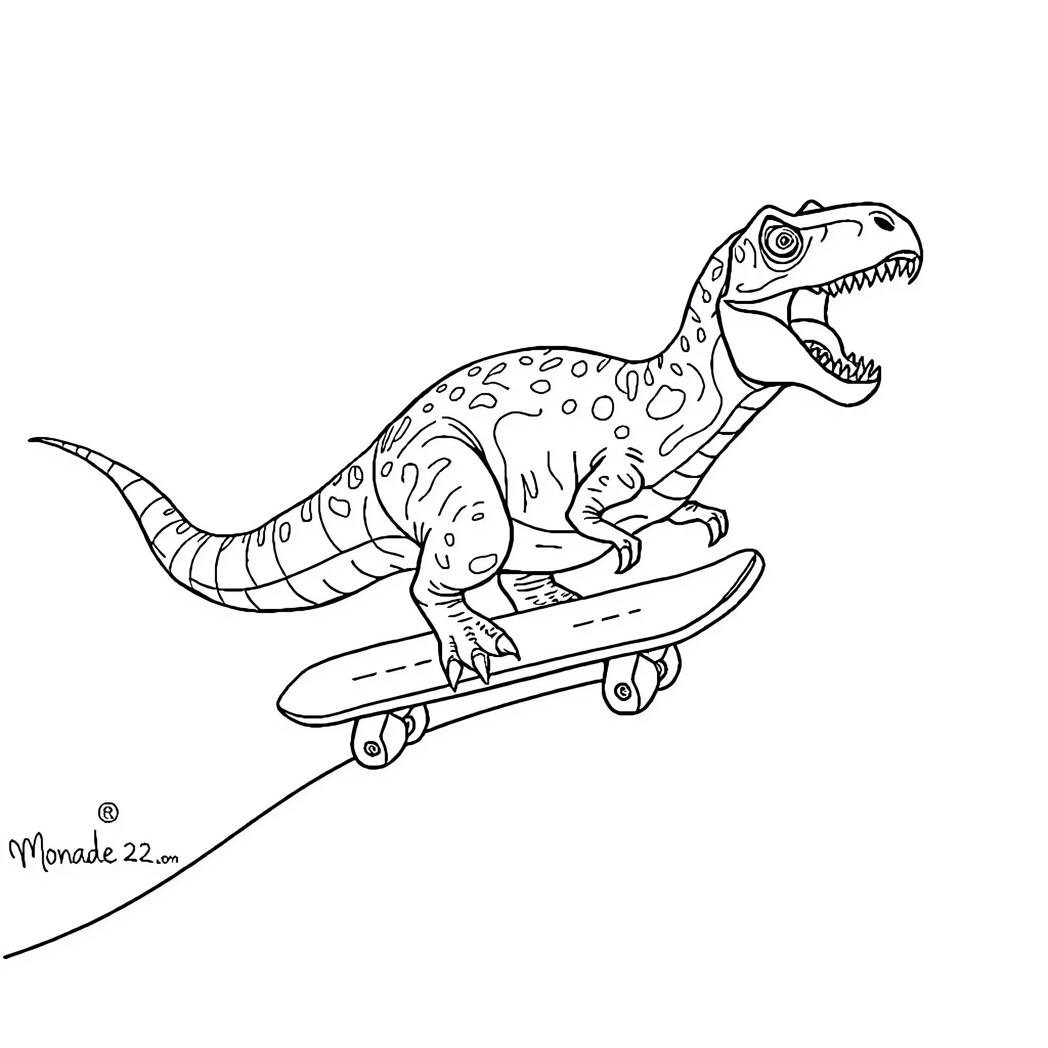 Dinosaur riding skateboard with enthusiasm Coloring Page (free black-and-white line drawing printable PDF for all, from beginners to advanced learners, including children, teens, adults, and seniors)